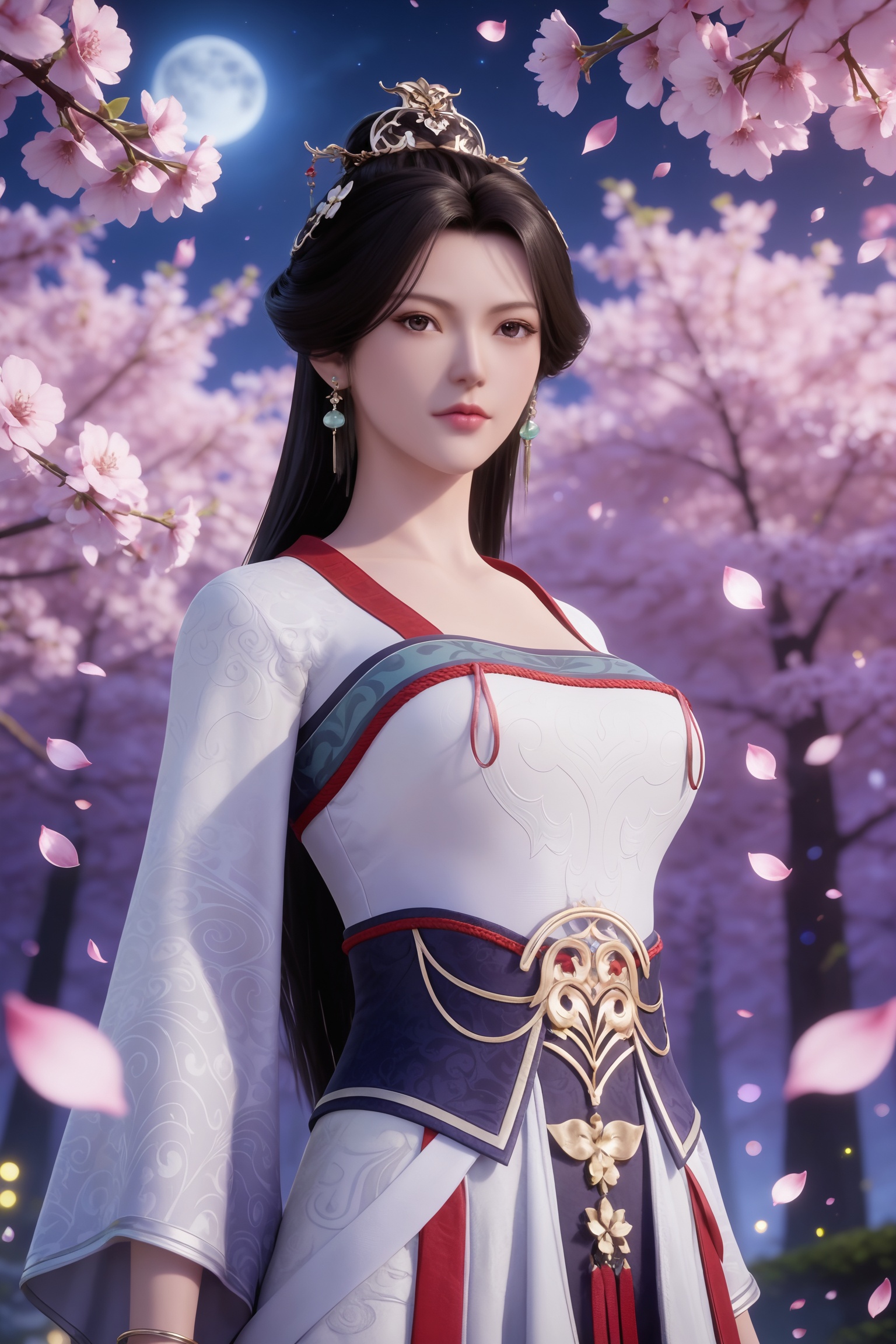 <lora:不死不灭-司徒明月-白衣:0.7>,1girl,long hair,black hair,hair ornament,earrings,chinese clothes,white dress,bracelet,sash,jewelry,shoes,, masterpiece,best quality,solo,1girl,upper body,petals,looking at viewer,moon,branch,cherry blossoms,flower,extreme aesthetic,(quasarcake:0.7),masterpiece,best quality,good quality,newest,very aesthetic,absurdres,A shot with tension,(Visual impact,giving the poster a dynamic and visually striking appearance:1.2),impactful picture,offcial art,colorful,splash of color,movie perspective,