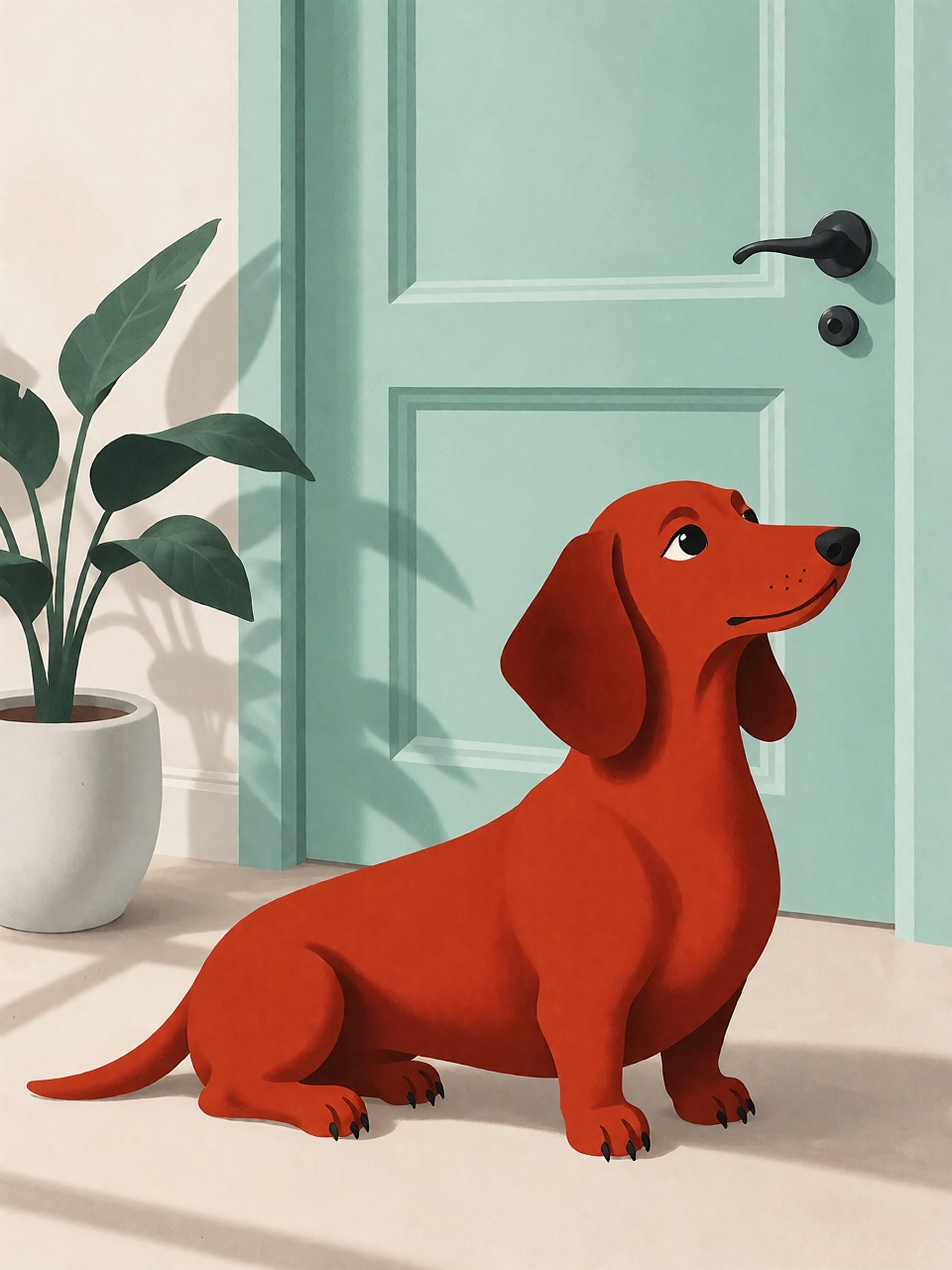 A red dachshund sitting in front of a mint green door,  smooth molded illustration,  rounded shapes on Tensor.Art
