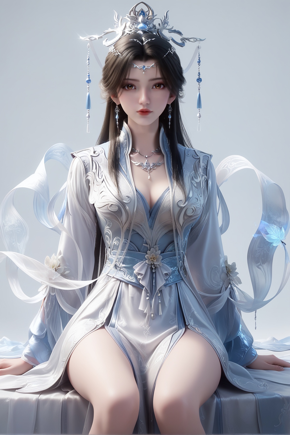 score_9,score_8_up,score_7_up,ethereal,dreamlike,<lora:wy_limuwan_tbp_XLdz:0.8>,1girl,long hair,breast,medium breast,hair_ornament,dress,black hair,brown eyes,chinese_clothes,simple background,white_background,thick_thighs,sitting,looking_at_viewer,