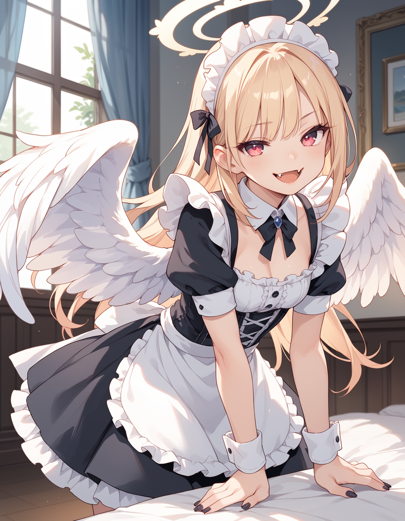 score_9,score_8_up,score_7_up,indoors,1girl,smug,fangs,angel,angel wings,gothic,maid,