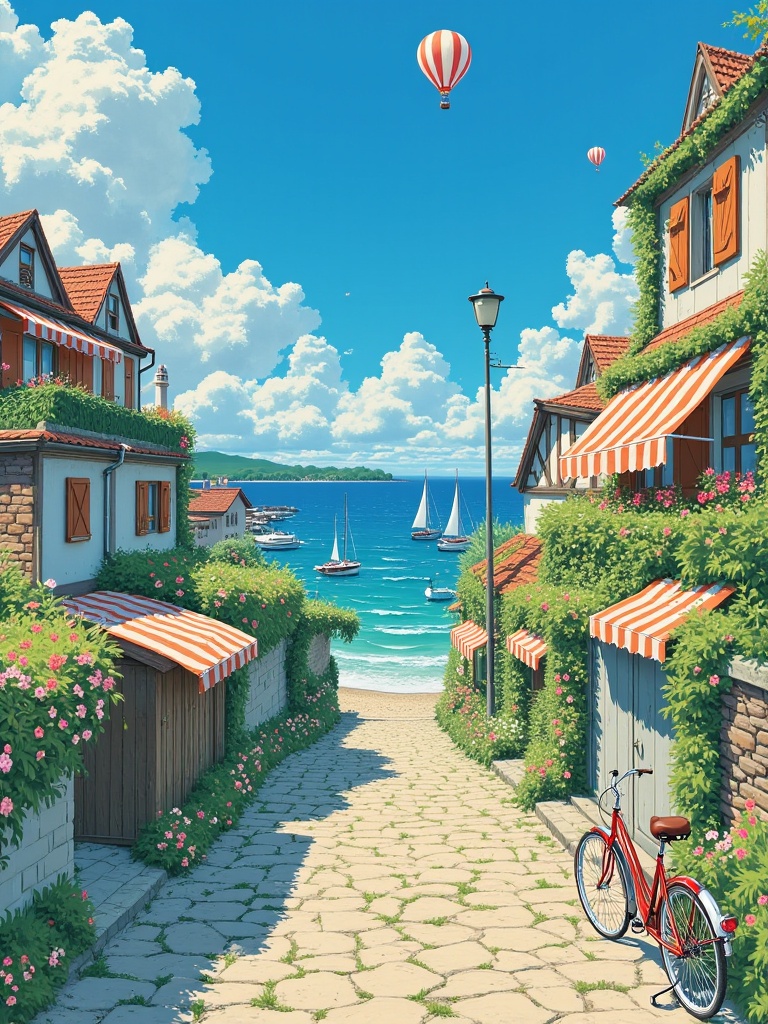 mlzhiyu,A vibrant, detailed digital painting of a picturesque French village by the sea, featuring a sunny day with a clear blue sky, fluffy white clouds, and two hot air balloons in the sky. The village is filled with quaint wooden buildings with orange and white striped awnings, a bicycle parked on the cobblestone path leading to the beach, and a few sailboats in the distance. The scene is vibrant and colorful, with a warm, inviting atmosphere. The art style is reminiscent of Japanese anime and manga. <lora:f-治愈系插画v1.3:1>