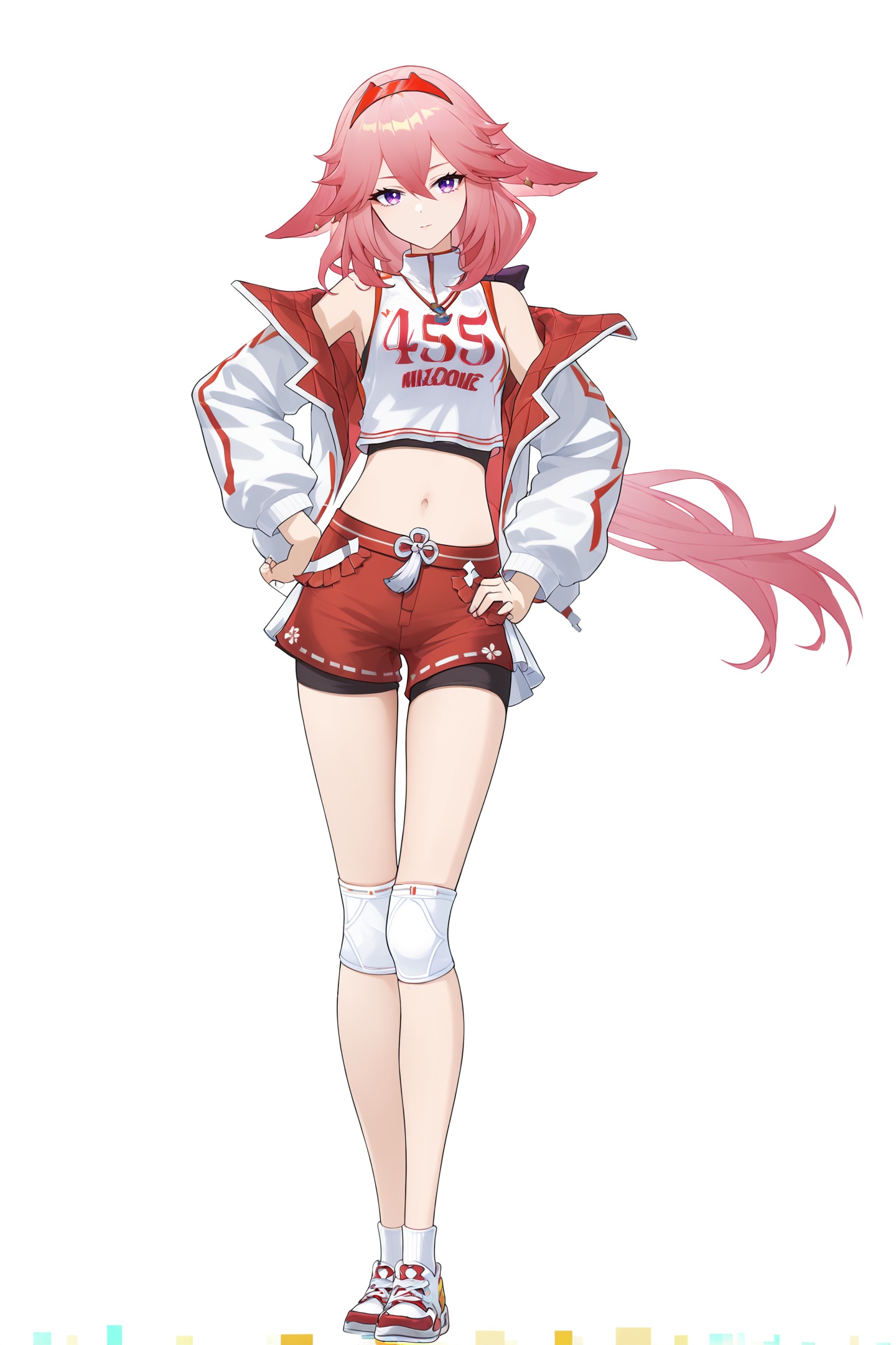 score_9,score_8_up,score_7_up,score_anime,8k,best quality,masterpiece,(ultra-detailed),(high detailed skin),(by nanoless, by misumi \(macaroni\),:0.5),<lora:YLI 0.1v:0.25>,<lora:style1:0.25>,A full-body portrait of a young girl,standing gracefully,pastel art style,high-key lighting,shoujo manga influence,hd quality,delicate details,full body,full shot,standing,looking at viewer,(solo:1.2),simple background,white background,hand on own hip,Digital Deconstruction,Glitch Art,<lora:mdshenzi-pony-Tanger:0.8>,Yae Miko,Yae Miko \(madong\),clothes: madong sportswear,1girl,long hair,pink hair,jacket,fox ears,navel,midriff,sneakers,purple eyes,open jacket,white sleeveless shirt,bangs,open clothes,red short shorts,Jersey number 455,