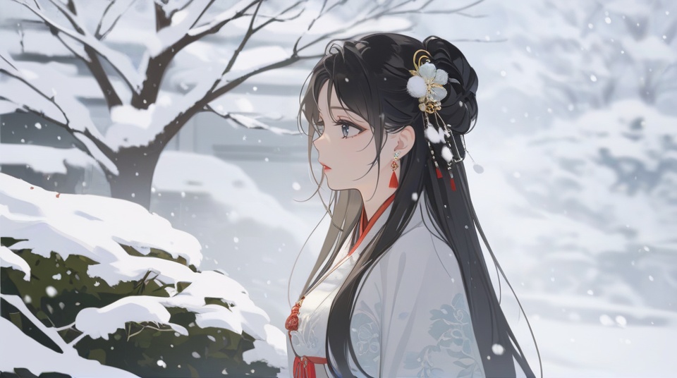 (best quality), ((masterpiece)), (highres), illustration, original, extremely detailed,<lora:古风·丝路恋语:0.7>licg, 1girl, snow, black hair, solo, upper body, long hair, hair ornament, dress, jewelry, earrings, tree, snowing, white dress, winter, chinese clothes