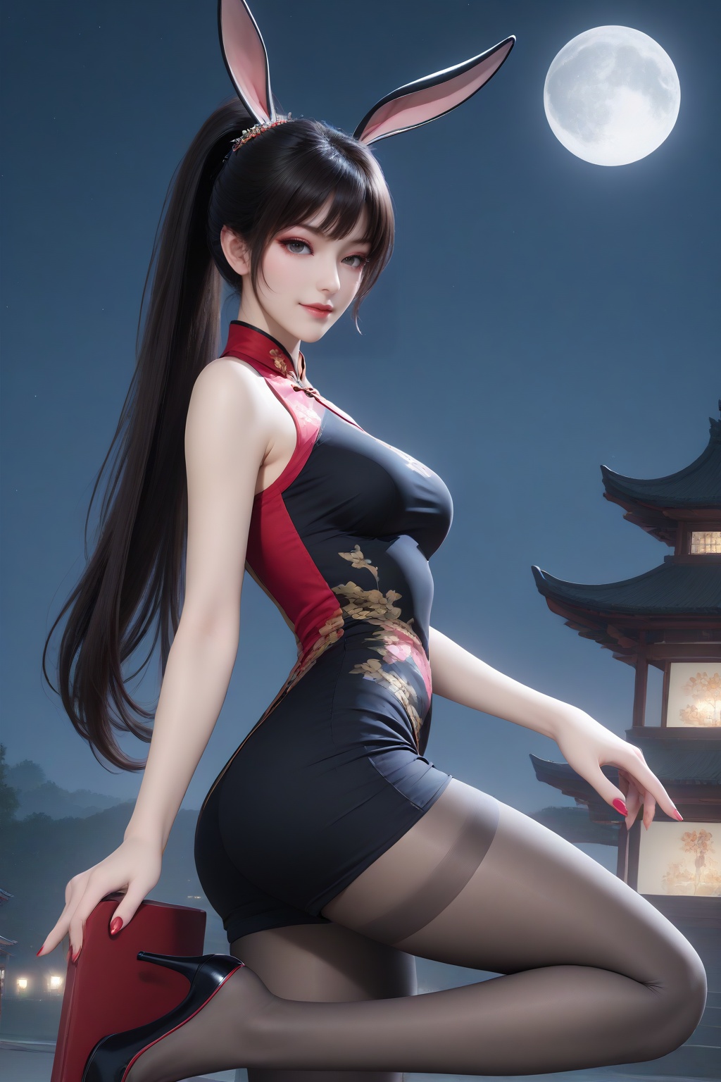 <lora:xiaowu_sl_v8-000012:0.7>,xiaowu_sl,1girl,solo,animal ears,rabbit ears,long hair,(white_skin:1.2),brown hair,black hair,closed mouth,medium breasts,shiny,pale skin,lips,lipstick,big eyes,eyelashes,long eyelashes,makeup,eyeshadow,high ponytail,nail polish,masterpiece,high quality,highres,absurdres,best quality,8K,high-res detailed,cheongsam,black cheongsam,(loose clothes:1.2),skirt,chiffon_skirt,shorts_under_skirt,puffy_shorts,looking at viewer,standing,dynamic pose,seductive smile,night sky,[moon],star \(sky\),chinese style architecture,lantern,<lora:sh-glossy_r2:0.7>,pantyhose,thighband_pantyhose,shiny legwear,high heels,louboutin heels,black heels,red bottom heels,footwear,<lora:Louboutin_Heels__PONY:0.5>,<lora:HandFixer_pdxl_Incrs_v1:0.5>,handfixer,<lora:DetailedEyes_V3:0.5>,