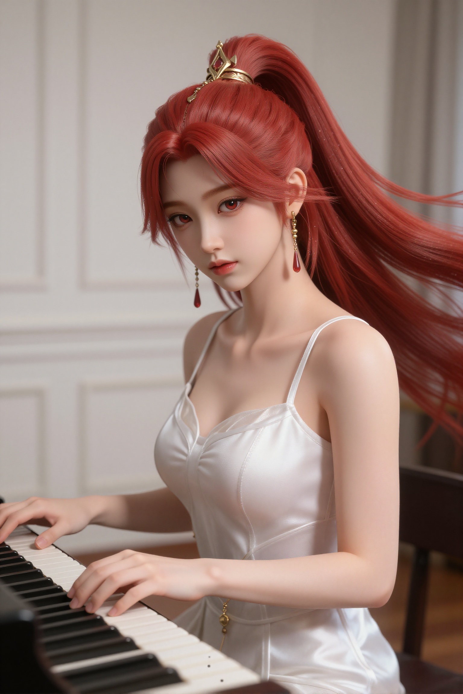 <lora:hye_lora_v2:0.6>,火允儿,她有一头长长的,飘逸的红头发梳着高高的马尾辫,戴着金色的发饰,red eyes,在家里尽情投入演奏钢琴,享受音乐带来的震撼,丰满而性感,白色丝绸材质的吊带上衣,正面看镜头,