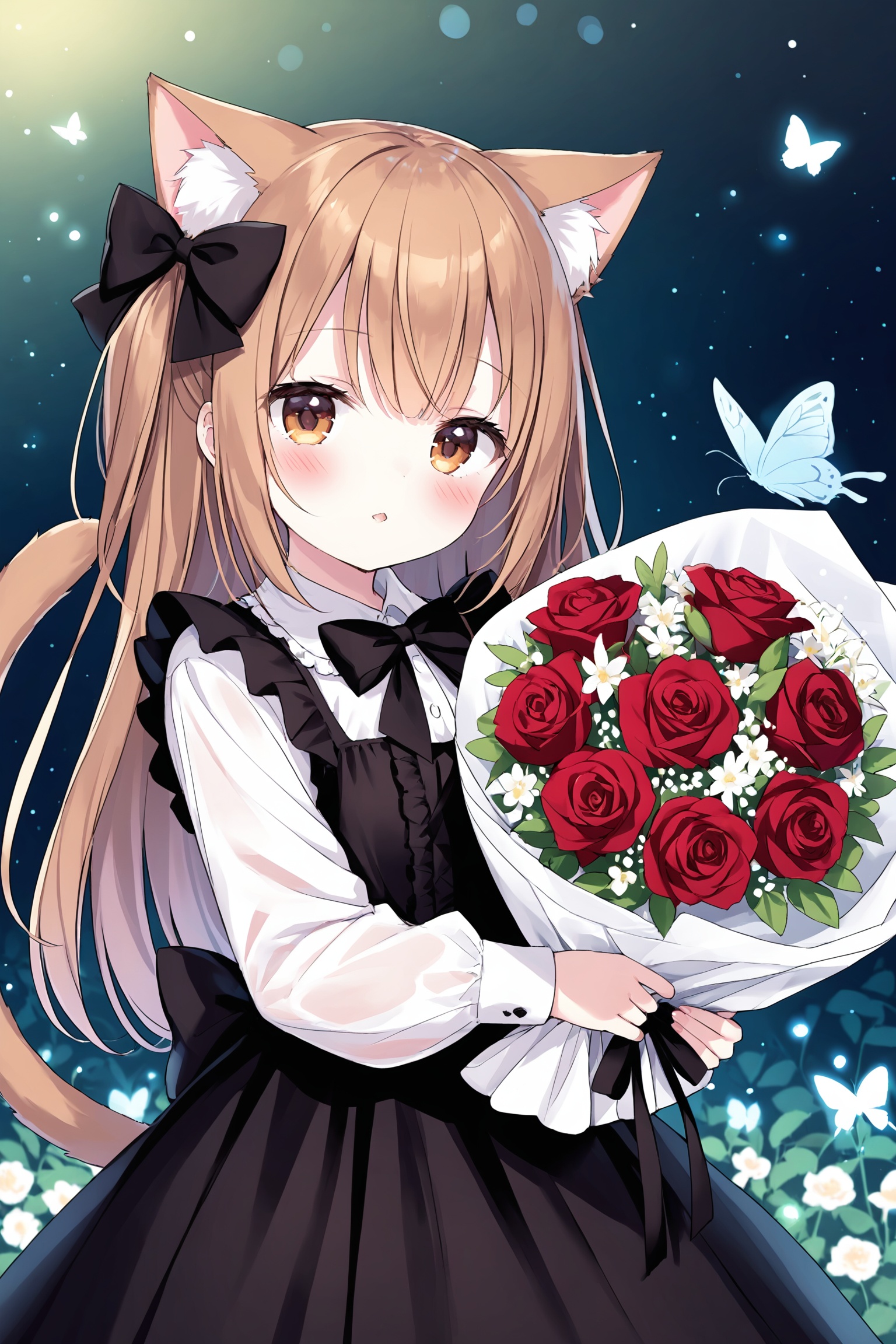 1girl,loli,solo,long hair,looking at viewer,blush,bangs,brown hair,shirt,hair ornament,long sleeves,dress,bow,ribbon,holding,animal ears,brown eyes,tail,white shirt,upper body,flower,hair bow,parted lips,cat ears,bowtie,black dress,cat tail,animal ear fluff,see-through,black bow,rose,bug,cat girl,red flower,butterfly,extra ears,red rose,bouquet,tail ornament,holding bouquet,tail ribbon,tail bow<lora:emyakora 1.0:0.5>,