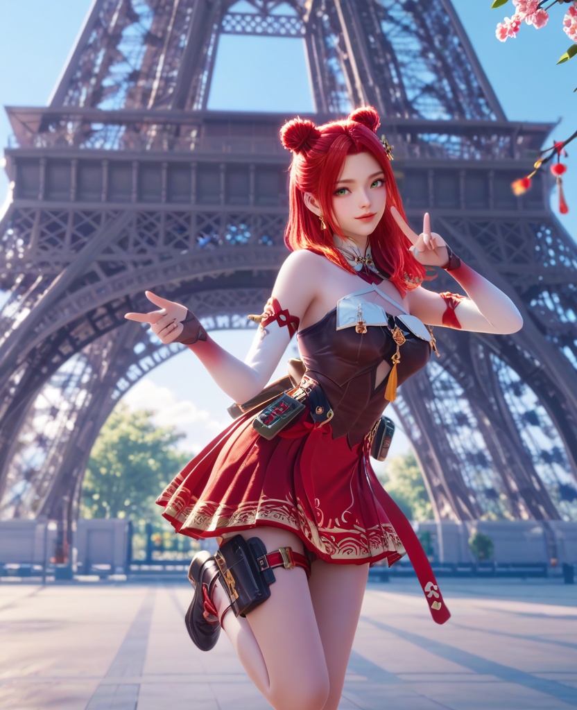 (oriental architecture, elegant decor, sophisticated style:1.1),(victory pose:1.1),(breasts:1.2),<lora:XL16穿越火线二胡少女虹儿:0.95>,miss honger,chocolate  bodice,(red miniskirt:1.2),green eyes,red hair,long hair,double bun,earrings,jewelry,bare shoulders,bridal gauntlets,ring,thigh strap,black footwear,, score_9,score_8_up,score_7_up,score_6_up,score_5_up,score_4_up,3d rendering,tag1,tag2, Cinematic Lighting,backlighting,, zPDXL3, zPDXL2,zPDXL, zPDXLxxx, zPDXLrl,