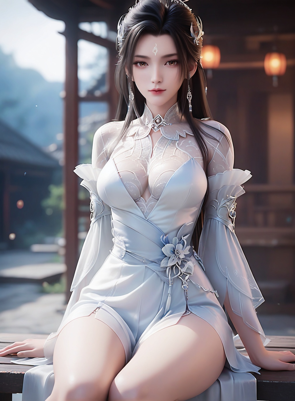 score_9,score_8_up,score_7_up,1girl,long hair,breast,medium breast,hair_ornament,dress,thick_thighs,black hair,brown eyes,forehead_mark,<lora:wy_luxueqi_XL7.0:0.8>,blurry,blurry background,sitting,depth of field,looking at viewer,