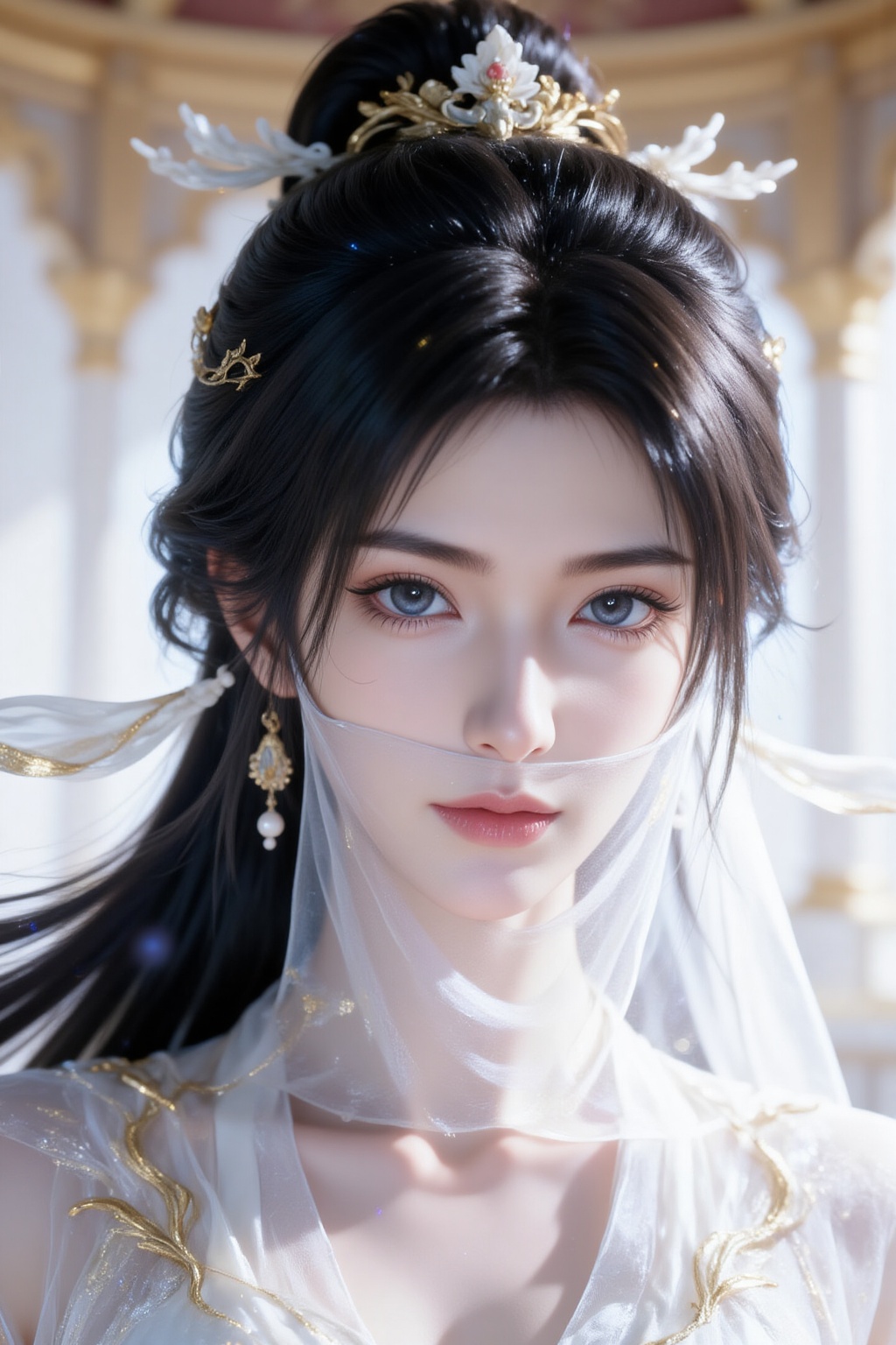 Photograph of a stunning,, ethereal woman with long,, flowing black hair,, adorned with gold and white ornaments. She has fair skin,, delicate features,, and blue eyes. She wears a sheer,, white gown with intricate gold embroidery and a pearl necklace. A transparent veil drapes around her,, adding a mystical touch. The background is softly lit,, with a hint of a golden,, ornate structure,, giving a regal and dreamlike atmosphere. The lighting is soft and diffused,, enhancing the delicate and otherworldly beauty of the scene. The overall aesthetic is elegant and magical,, with a fantasy art style.,, Negative prompt: ng_deepnegative_v1_75t,(badhandv4:1.2),EasyNegative,(worst quality:2),,nsfw, Steps: 30, Sampler: Euler, CFG scale: 3.5, Seed: 1798623078, Size: 1024x1536, Model hash: f303b7601a, Model: ZOZ_蓦然回首_极致逼真人像_V1.0~泛化加强版.safetensors, Denoising strength: 0, RNG: CPU, Lora 1: ZOZ_CG人物效果特化, Lora Hash 1: 6e7c10ec35, Lora Weight 1: 0.8, vae_name: automatic