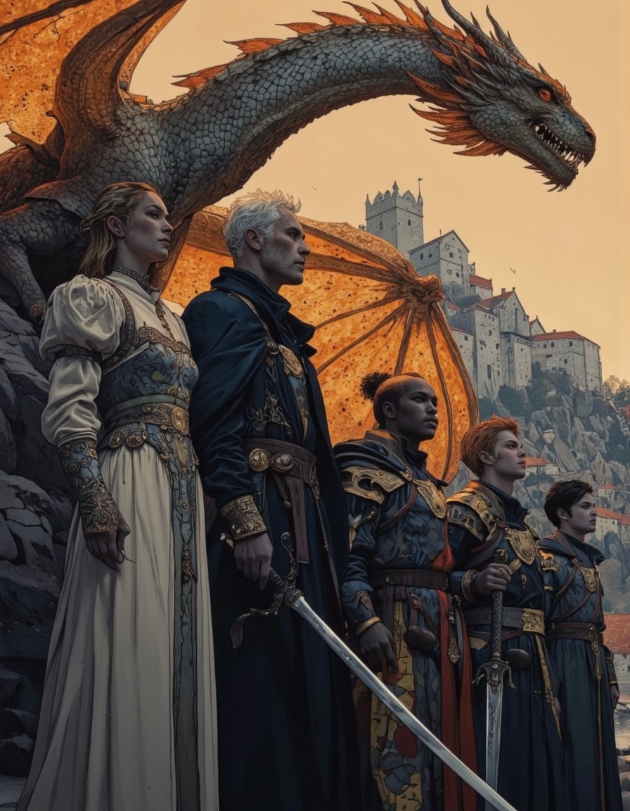 By Phandigrams. A dramatic digital illustration from a far camera angle about a group of fantasy characters standing in fr...