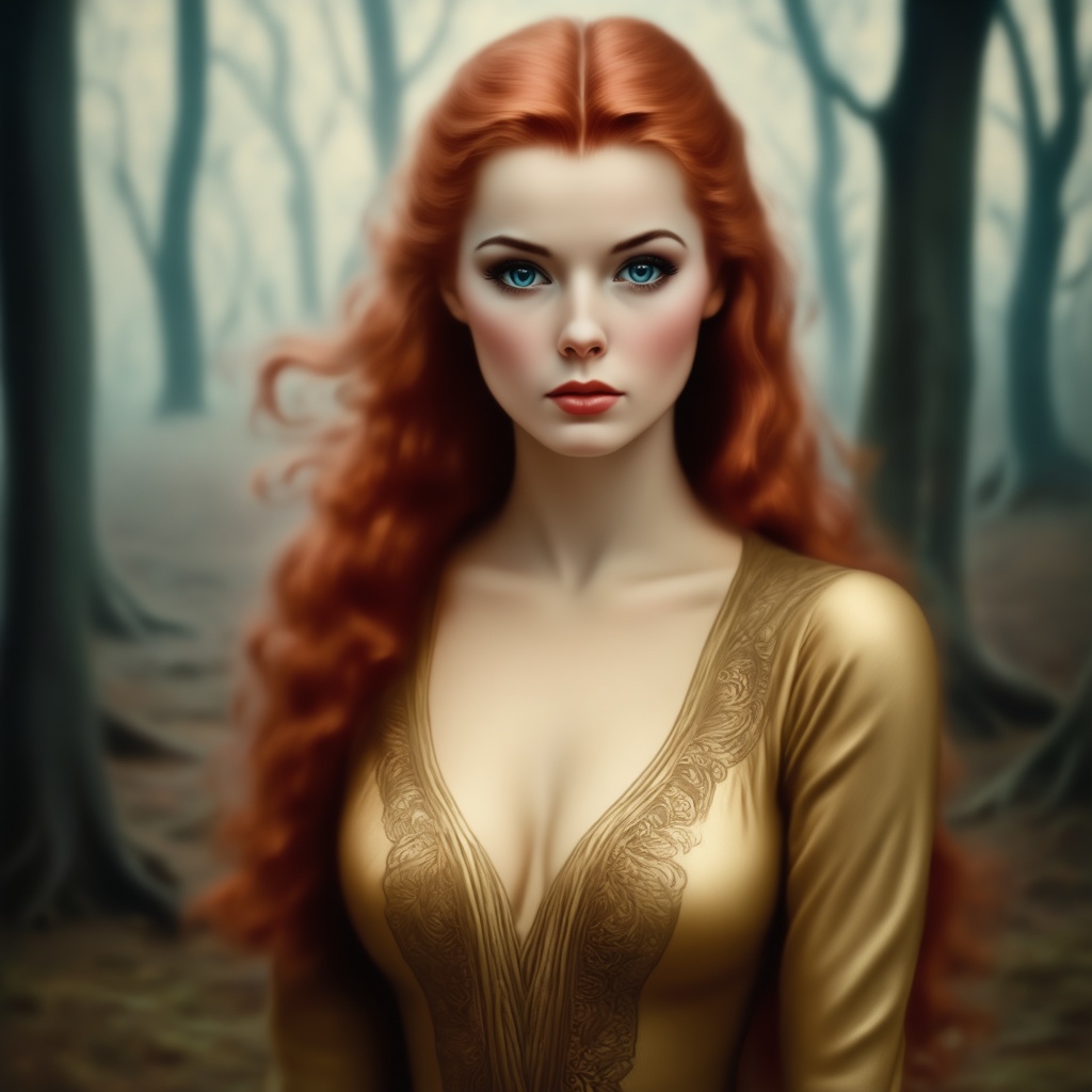 A portrait of a woman with long,  flowing red hair,  set against a misty forest backdrop. She wears a golden dress with in...