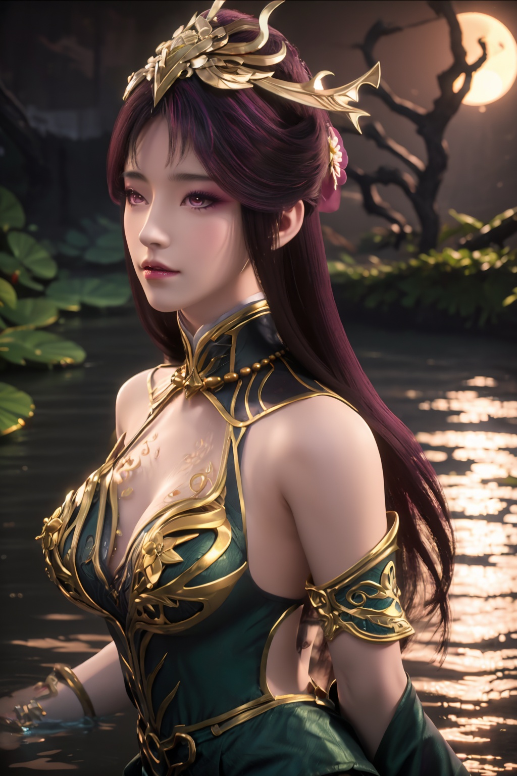 standing,dress,chinese clothes,flower,full_moon,moon,night,lily_pad,lotus,moonlight,nipples,water,night_sky,lily_\(flower\),sky,partially_submerged,1girl,solo,black hair,hair ornament,long hair,brown eyes,realistic,nail polish,photo_\(medium\),(breasts, medium_breasts, cleavage),makeup,(8k, RAW photo, best quality, masterpiece:1.2),(realistic, photorealistic:1.3),ultra-detailed,extremely detailed cg 8k wallpaper,(crystalstexture skin:1.2),extremely delicate and beautiful,purple hair,head jewel