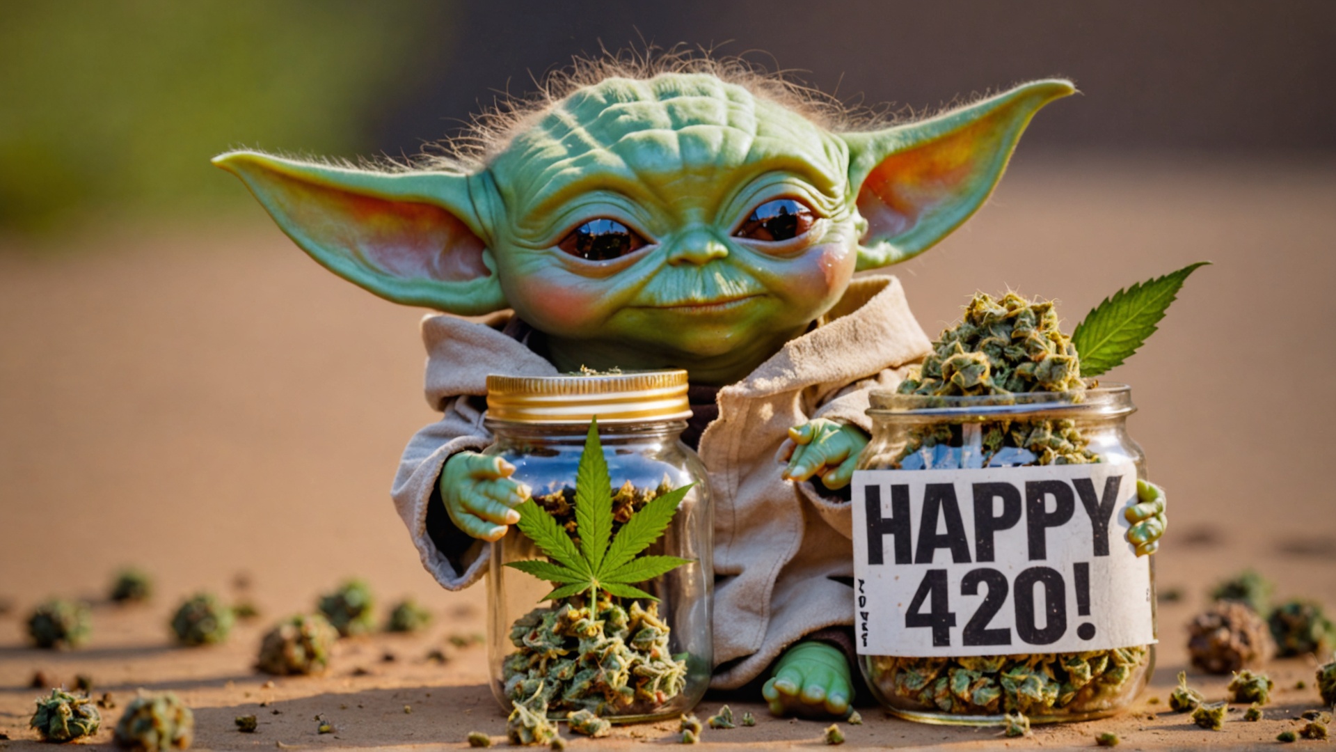 photo of baby yoda with a jar of ******** with a sign saying "happy 420!" ounce of weed on Tensor.Art