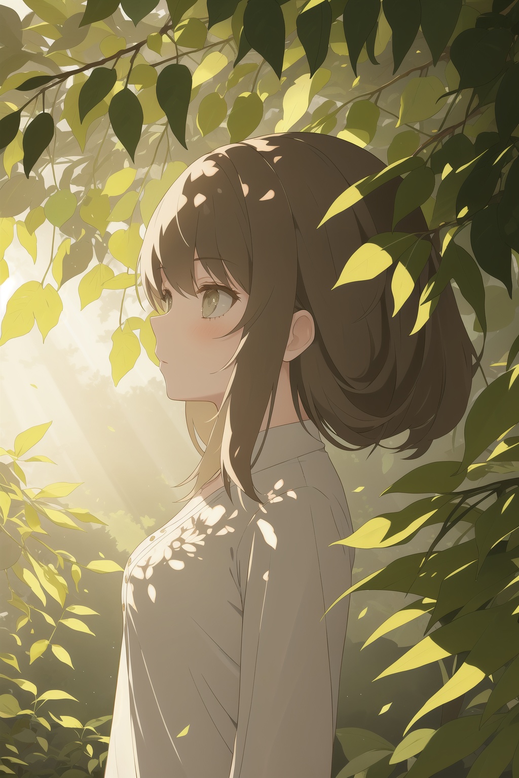 1girl,upper body,sunlight,lovely,leaf,atmospheric perspective
