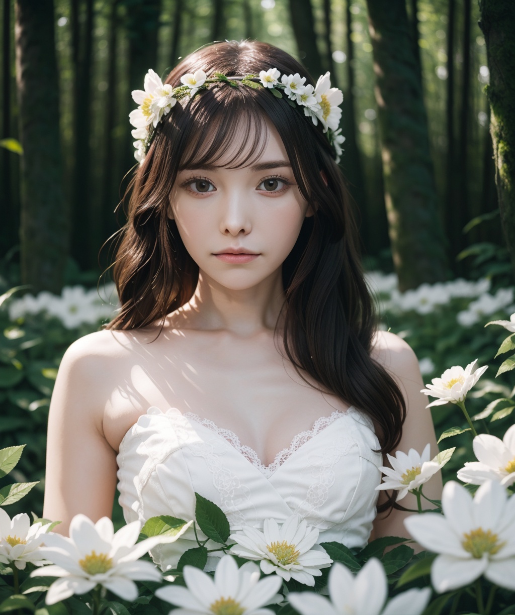 <lora:Arata-000010:0.85>,portrait,(looking at viewer),1girl,solo,wavy long hair,(closed mouth:1.5),(white and pink flowers circlet),white_lace_dress,nature,forest,glowing,lush greenery and red flowers in the background,dreamy and serene atmosphere,soft lighting,outdoor setting,tranquility,natural beauty,