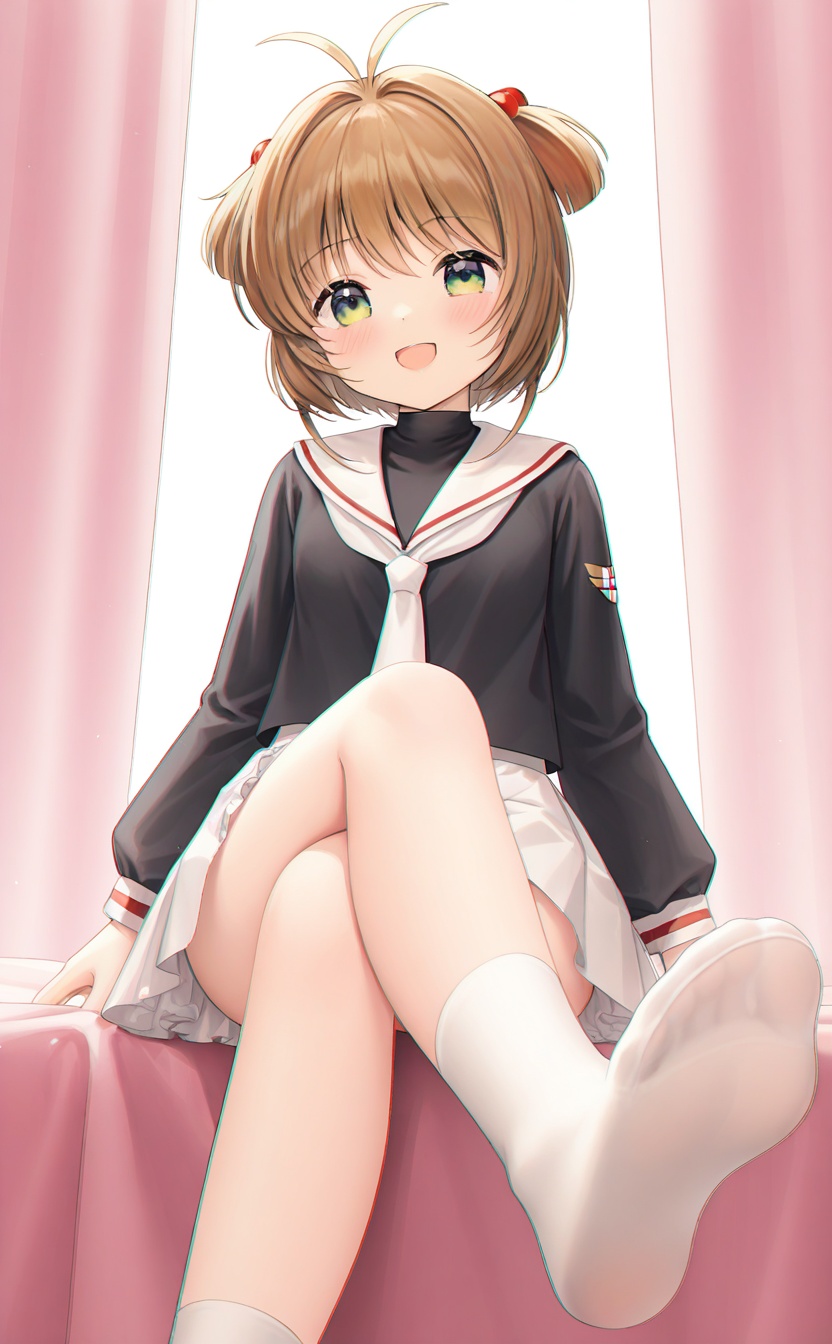 masterpiece,absurdres,best quality,high quality,chromatic_aberration,//,<lora:xiaoying:0.8>,xiaoying,looking at viewer,1girl,solo,short hair,brown hair,green eyes,antenna hair,tomoeda elementary school uniform,white sailor collar,pleated skirt,white skirt,white socks,long sleeves,black shirt,//,guizhencao style,soles,feet,short sleeves,frills,crossed legs,smile,foot out of frame,toes,blush,sitting,foot focus,:d,foreshortening,<lora:guizhencao-style:0.4>,no shoes,