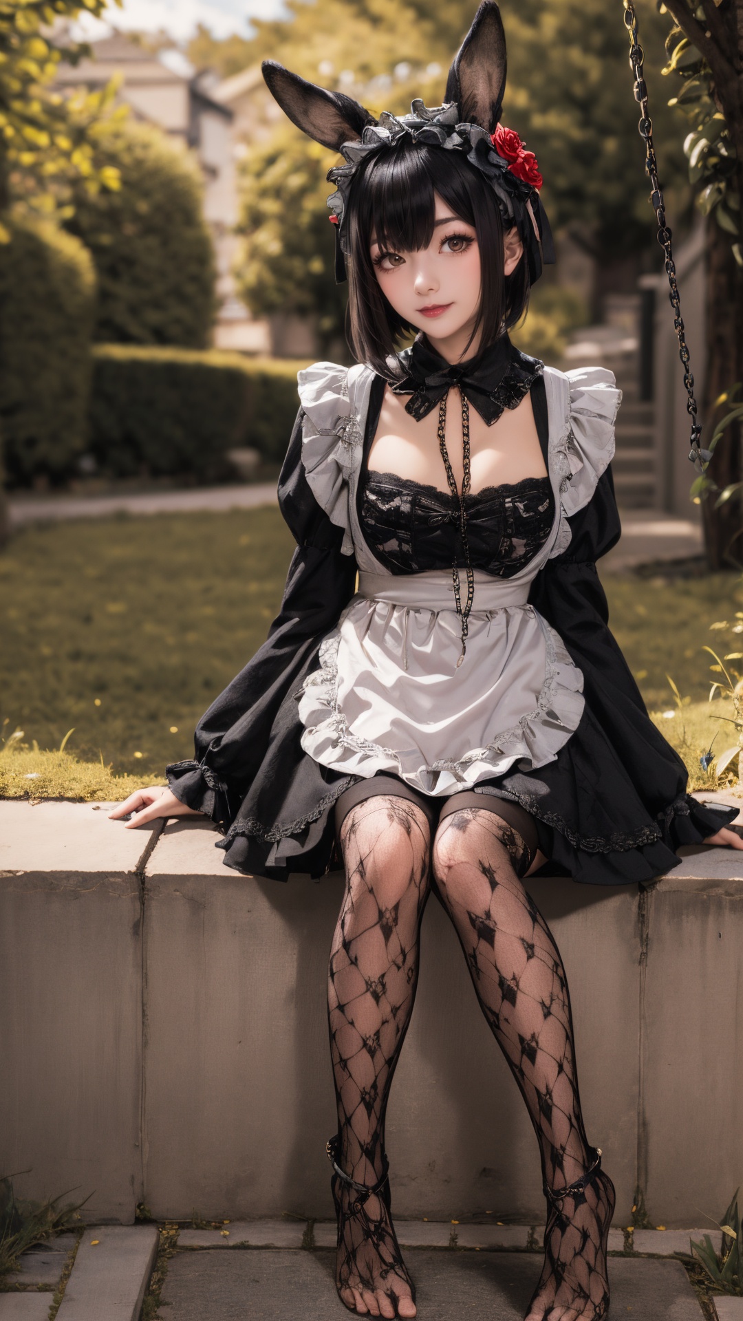tutututu,1girl,solo,Kuroe Shizuku,lolita fashion,apron,pantyhose,gothic lolita,black dress,frills,hair flower,hair ornament,chain leash,black nails,wide sleeves,lace trim,long sleeves,rose,black footwear,black necktie,maid,fishnets,maid headdress,detached collar,red flower,thighhighs,hairband,chain,floral print,lolita hairband,garter straps,black thighhighs,lace,<lora:Kuroe Shizuku_Lolita-000007:0.5>,1girl,solo,animal ears,rabbit,barefoot,knees up,sitting,rabbit ears,short sleeves,looking at viewer,grass,short hair,smile,white hair,outdoors,,bangs,on ground,full body,animal,white dress,sunlight,brown eyes,dappled sunlight,day,depth of field,
