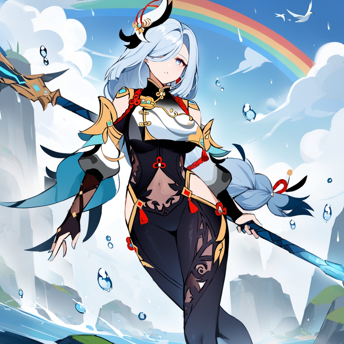 <lora:原神申鹤60XL_v10:1>,shenhe,genshin impact,1girl,shenhe \(genshin impact\),polearm,weapon,rainbow,bird,rain,solo,long hair,breasts,braid,covered navel,hair ornament,outdoors,blue eyes,braided ponytail,bodysuit,large breasts,tassel,hip vent,breast curtain,hair over one eye,sky,holding,cloud,parted lips,very long hair,black bodysuit,grey hair,bangs,gloves,spear,holding polearm,holding weapon,water drop,, masterpiece, best quality