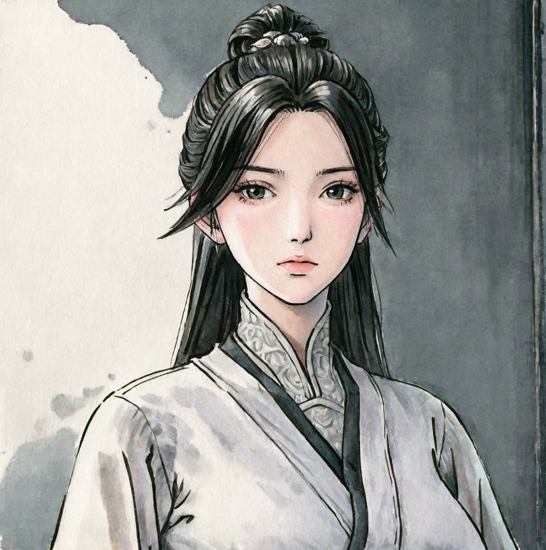 ((very awa)),solo,highly detailed,(best quality),((masterpiece)),1girl,chi,<lora:chi正则100nbXL:0.6>,painting \(medium\),traditional media,watercolor \(medium\),looking_at_viewer,<lora:陈对nbXL:0.9>,chendui,black hair,long hair,hair bun,upper_body,large breasts,
