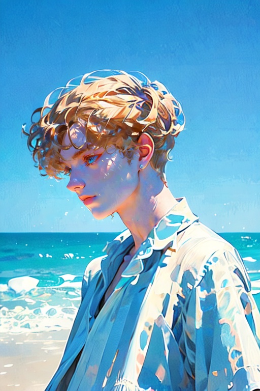 <lora:bbbb-000040:0.9>,1boy,ocean,highly detailed,ultra-high resolution,32K UHD,sharp focus,best-quality,masterpiece,unconventional supreme masterpiece,masterful details,temperate atmosphere,with a high-end texture,in the style of fashion photography,Dynamic Angle,Dynamic posture,beach,blonde hair,short hair,