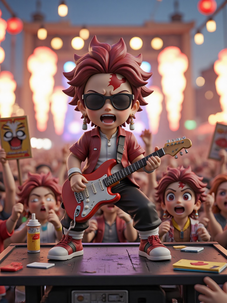 3D Tanjiro is wearing rock - style clothing, sunglasses, holding an electric guitar, with a wild expression, playing passionately.The scene is a lively rock music festival. The stage is filled with flashing lights, and the audience is cheering madly. There are various uniquely - shaped posters and decorations around.