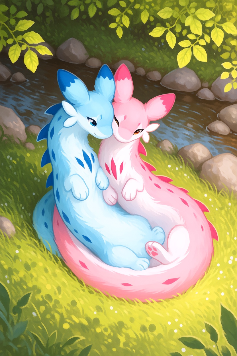 @himmis. Two adorable palworldchillet creatures cuddling together in lush green grass next to a gently flowing stream with...