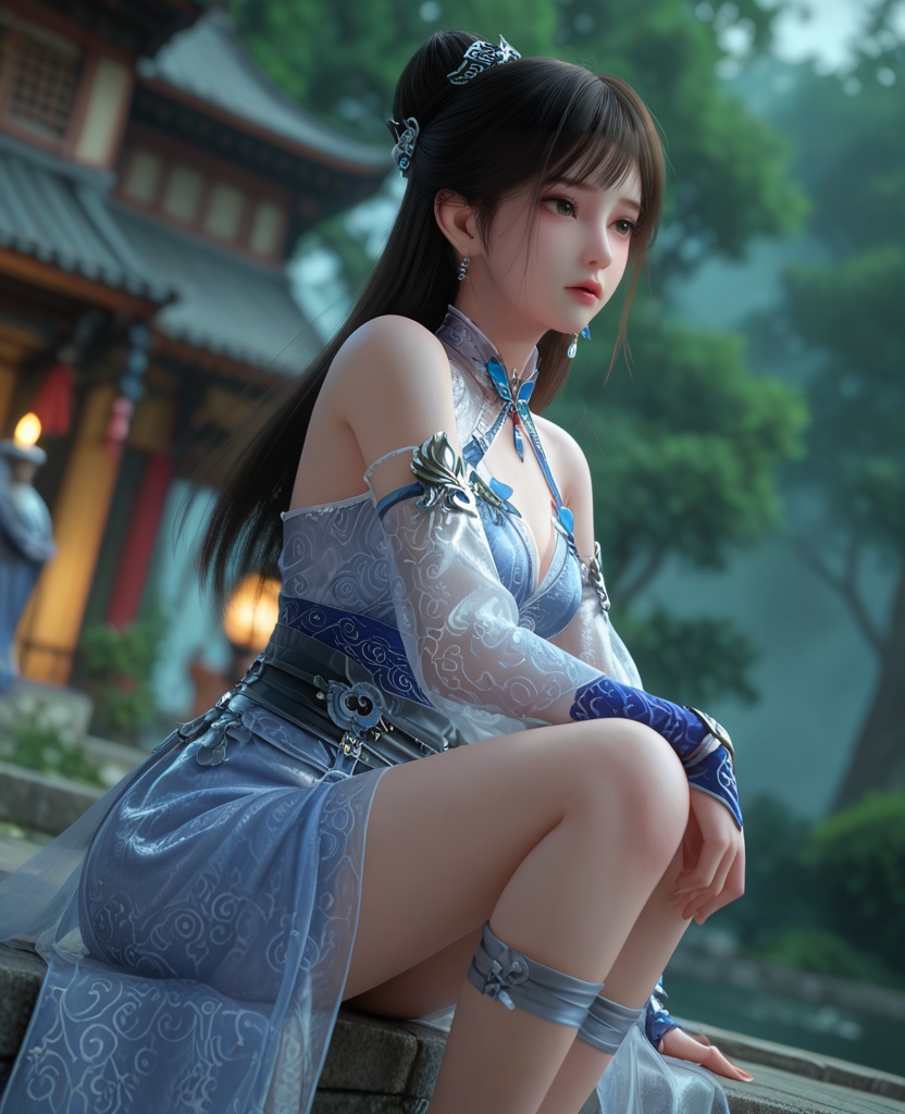 (oriental architecture, elegant decor, sophisticated style:1.1),(wrapping arms around legs:1.1),(breasts:1.2),<lora:XL百炼成神紫极阴体小玉:0.95>,miss xiaoyu,black hair,dress,long hair,jewelry,earrings,bare shoulders,hair ornament,hair bun,blue dress,clothing cutout,sash,, zPDXL2, score_9, score_8_up, score_7_up BREAK realistic, masterpiece,best quality, highly detailed,, zPDXL3, zPDXL2,zPDXL, zPDXLxxx, zPDXLrl,