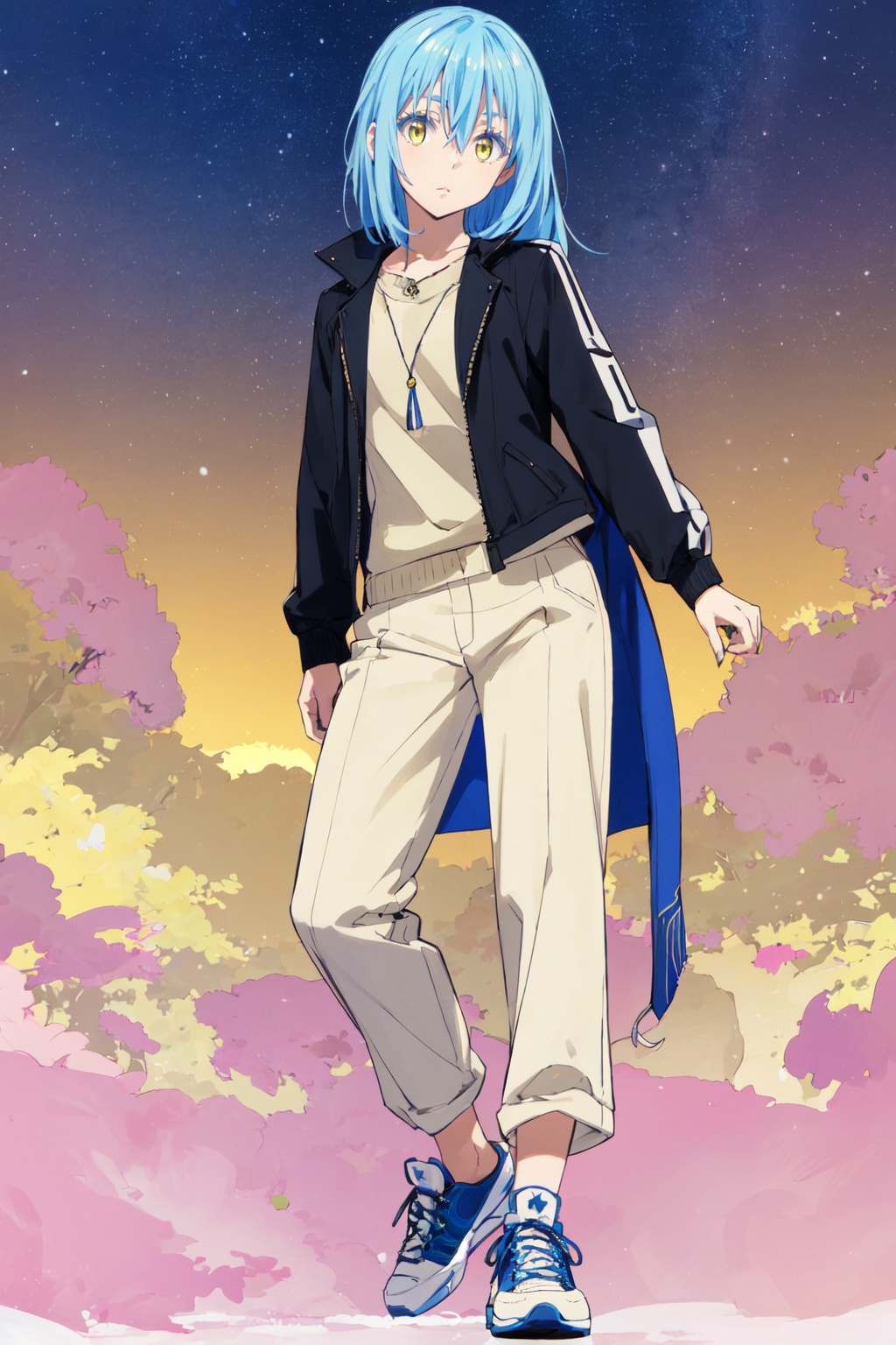 1other,looking at viewer,solo,androgynous,blue hair,long hair,hair between eyes,bangs,yellow eyes,standing,sweater, chinos, suede jacket, sneakers,<lora:Rimuru:0.8>,Rimuru_CYQL,bust,beautiful face,beautiful eyes,glossy skin,shiny skin,English garden, Picnic blanket, Noontime sun, Sandwiches, Relaxation,beautiful detailed sky,beautiful detailed glow,posing in front of a colorful and dynamic background,masterpiece,best quality,beautiful and aesthetic,contrapposto,female focus,wallpaper,fashion,