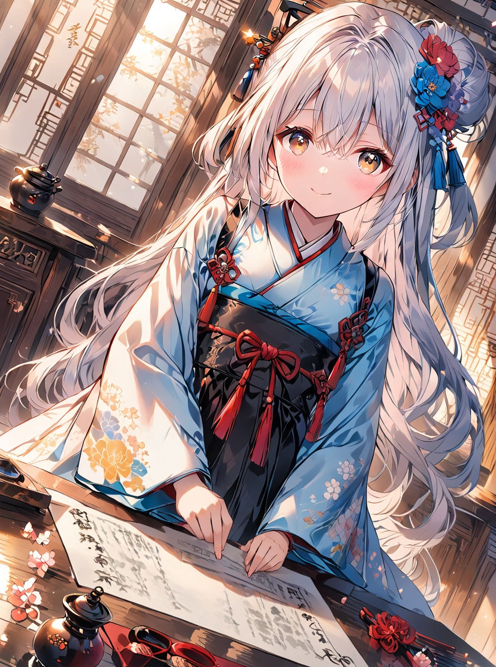 Hanfu,O,1girl,solo,smile,hair ornament,long hair,japanese clothes,looking at viewer,bangs,kimono,indoors,closed mouth,white hair,long sleeves,hair stick,wide sleeves,white kimono,very long hair,tassel,dutch angle,hair flower,flower,blush,skirt,hair between eyes,window,brown eyes,black hakama,floral print,hakama,table,holding,architecture,scroll,