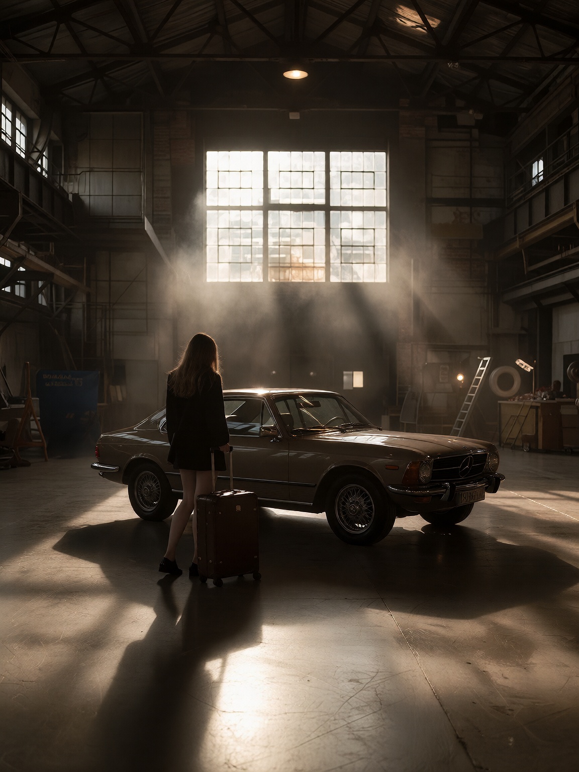 Silhouette of a person with a suitcase by a vintage car in a vast,  dimly lit industrial hangar,  illuminated by dramatic...