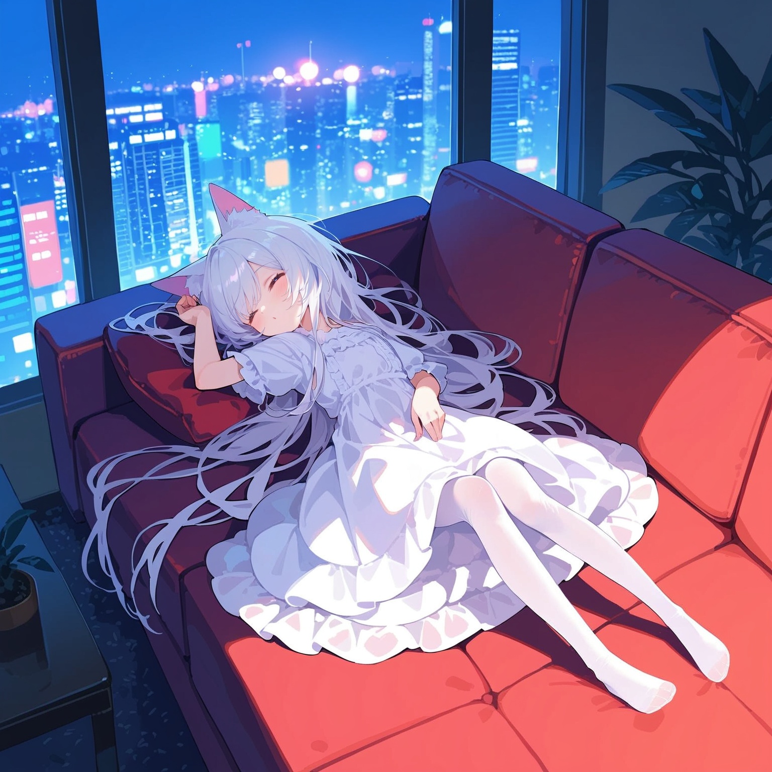 score_9,score_8_up,score_7_up,anime,masterpeice,best quality,very aesthetic,absurdres,cat girl,nekomata,white cat ears,<lora:cat_girl_pony_v21:1>,1girl,solo,white hair,bangs,long hair,pink eyes,white dress,white pantyhose,full-body,sleeping,zzz,from above,looking at viewer,sitting on couch,window,living room,in summer,city lights,