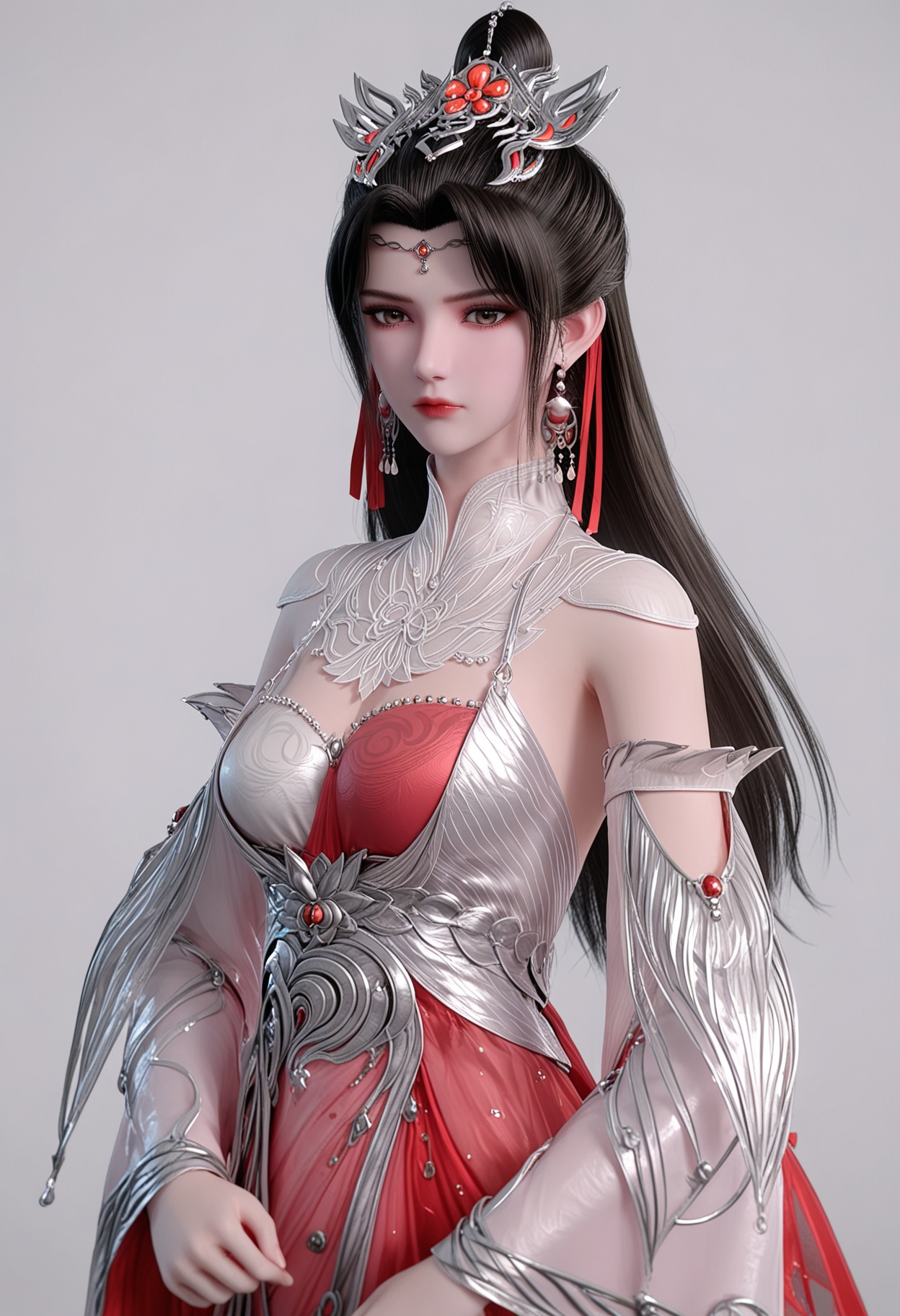 score_9,high detail,best quality,cinematic lighting,volumetric lighting,shiny skin,shiny,1girl,solo,brown_eyes,jewelry,black hair,hair bun,earrings,hair ornament,hair ribbon,long hair,dress,white background,expressionless,red dress,closed mouth,breasts,detached sleeves,simple background,looking_at_viewer,cowboy_shot,<lora:QQSponyliumeiV1:0.8>,<lora:Pony_DetailV2.0:0.8>,<lora:皮肤凹痕:0.1>,