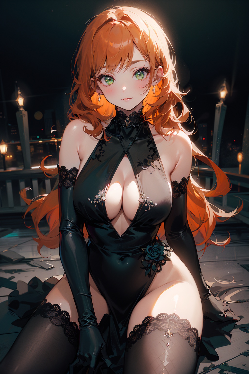 masterpiece,best quality,cowboy shot,looking at viewer,1girl,solo,orange hair,green eyes,:3,large breasts,collarbone,black evening gown,elbow gloves,black gloves,black thighhighs,kneeling
