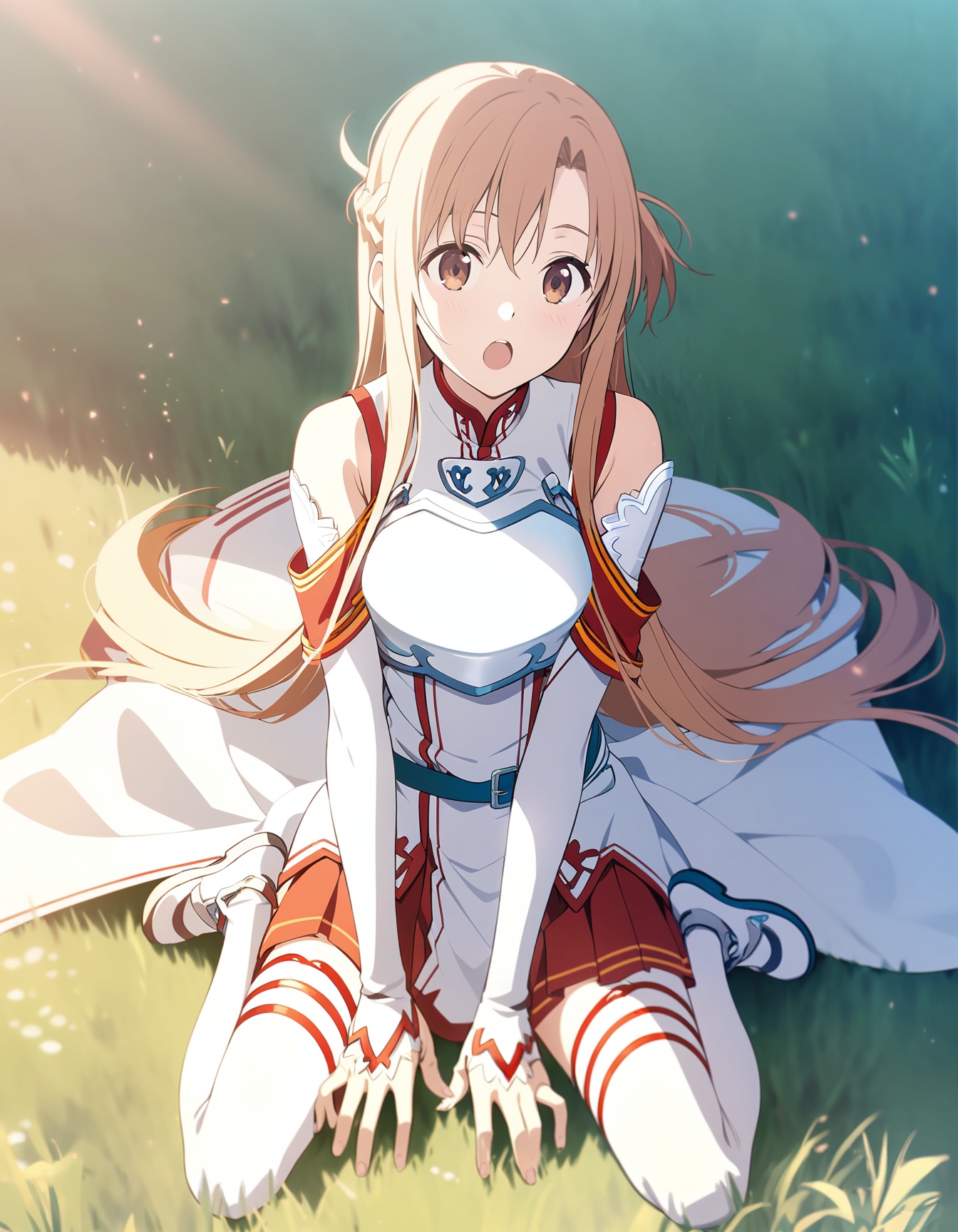 asuna \(sao\),breastplate,white dress,detached sleeves,red skirt,white armor,white sleeves,white thighhighs,white footwear,white cape,belt,grass,field,wariza,:o,