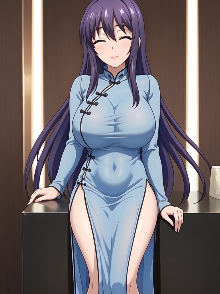 1girl,solo,perfect face,look at viewer,sitting,teacher,bangs,eyebrows visible through hair,purple hair,very long hair,shiny hair,blue eyes,closed eyes,blush,lips,parted lips,smile,blue dress,long sleeves,china dress,chinese clothes,covered bra,large breasts,see-through,see-through silhouette,side slit,white,masterpiece,best quality,highly detailed,