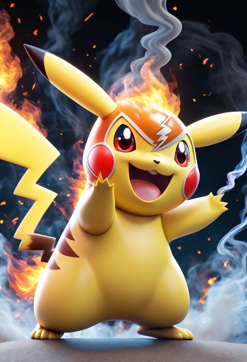 Pokemon (Pikachu), single, no human, Open mouth, standing, fire, whole body, red eyes, smoke, smile