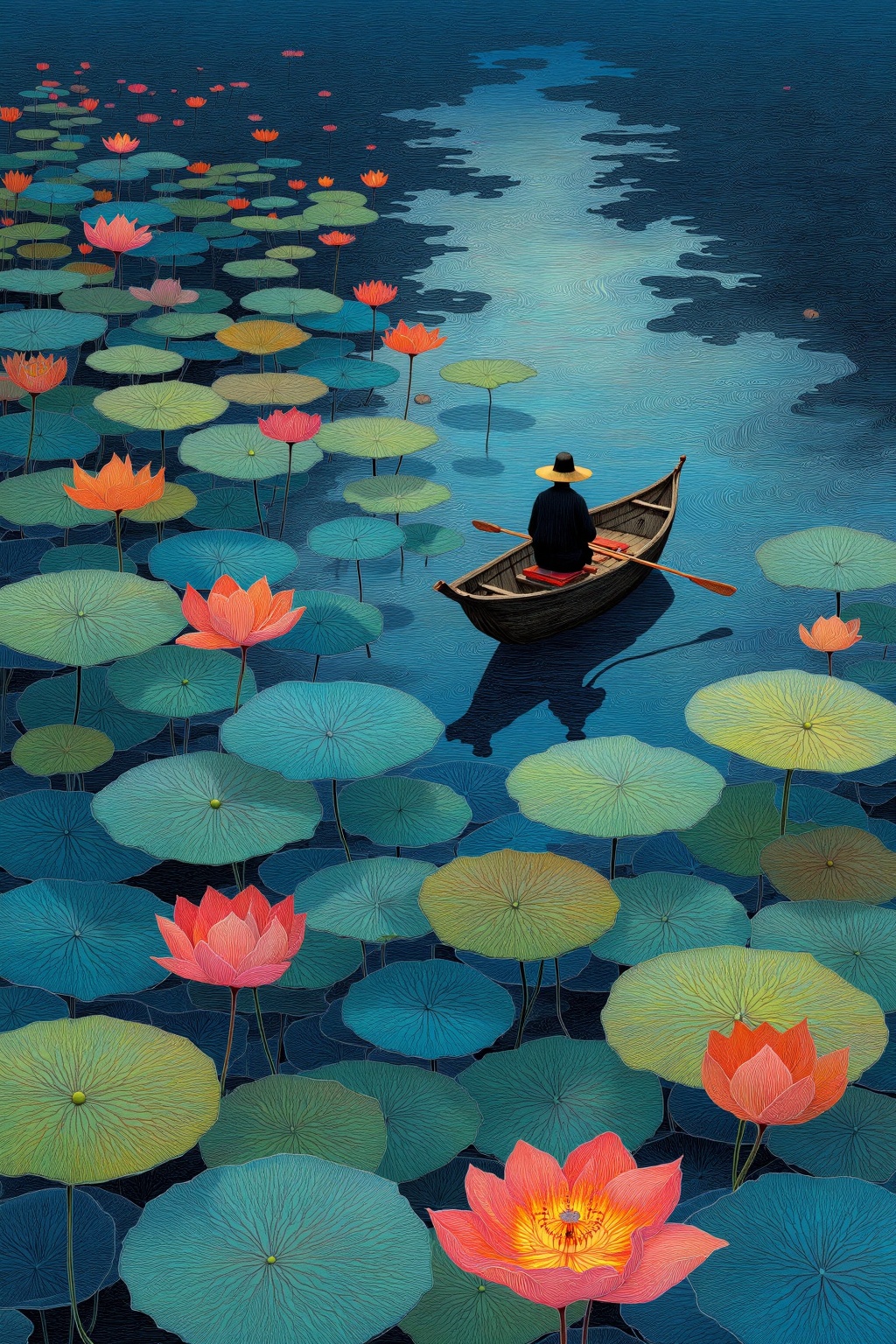 beijihui,a fisherman rowing a boat through lotus-filled waters at twilight,ripples and soft mist,detailed elegant line art,peaceful zen world,