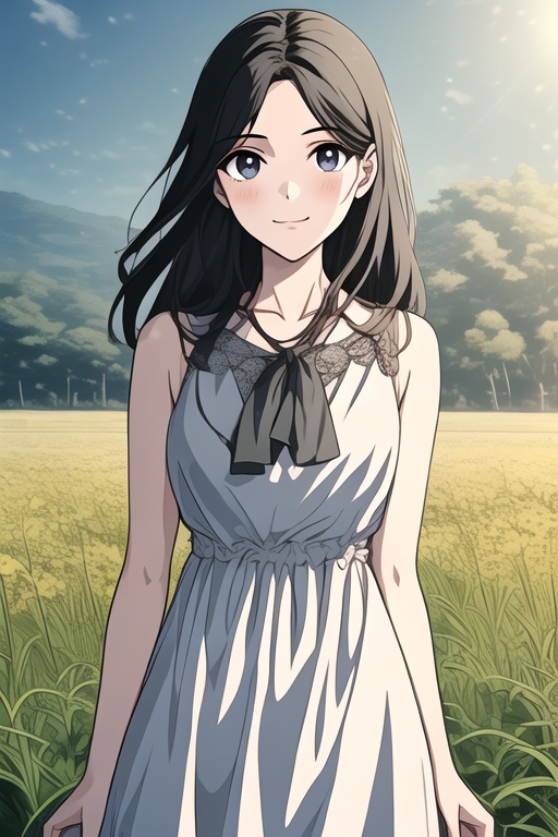 A cute girl in a dress, sunshine, fields