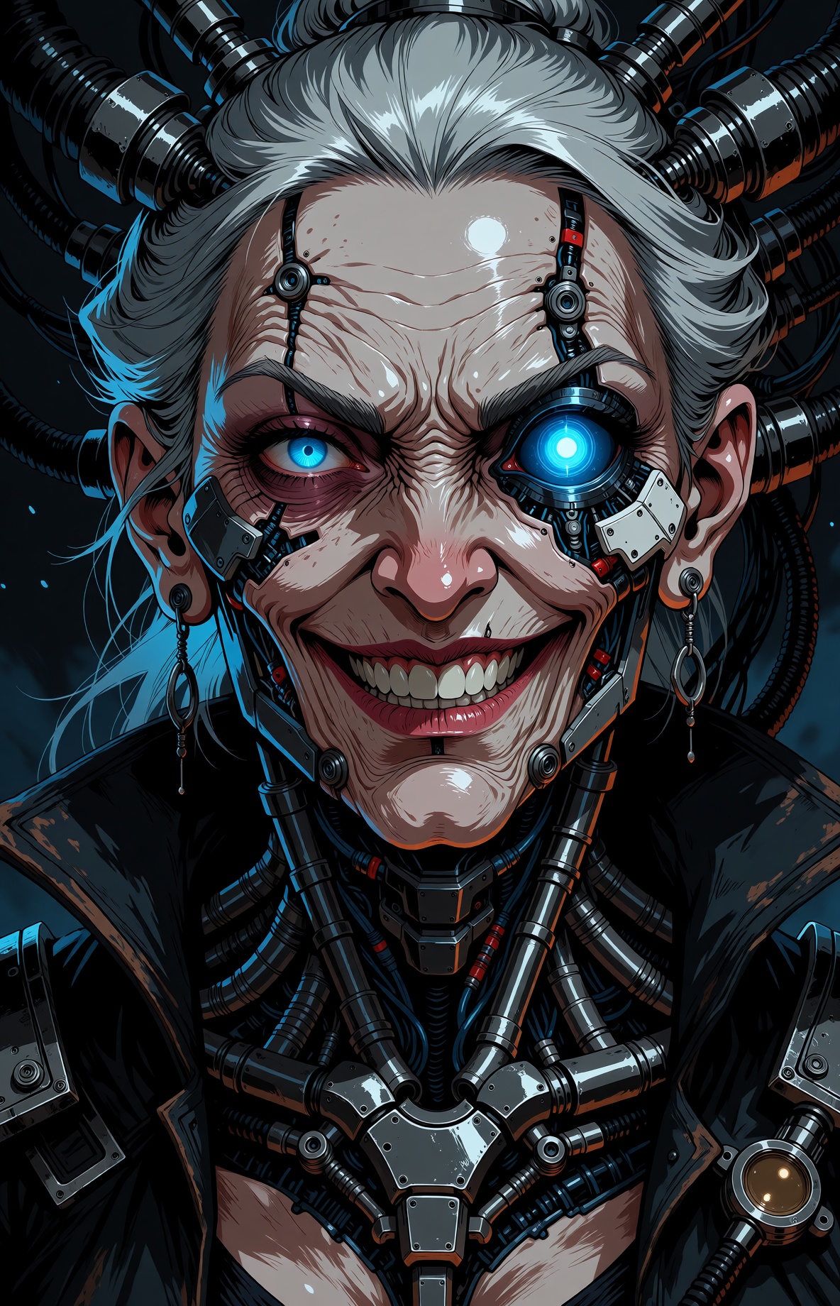 A portrait of an aged woman with a sinister,  knowing grin and extensive dark cybernetic augmentation. Much of her face ha...