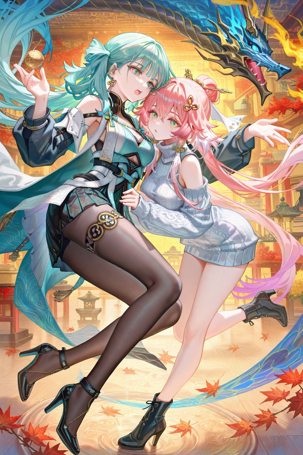 jinhsi\(wuthering waves\),8k,best quality,masterpiece,(ultra-detailed),(high detailed skin),((artist:reoen),(artist:fuzichoco),(artist:atdan),(artist:torino_aqua),year 2024:0.8),[artist:wlop],[artist:ningen_mame],artist:ciloranko,[[artist:rhasta]],artist:tidsean,colorful, jinhsi\(wuthering waves\),Changli\(wuthering waves\),high heels,multiple girls,2girls,long hair,sweater,earrings,jewelry,turtleneck,turtleneck sweater,pink hair,black footwear,grey sweater,breasts,