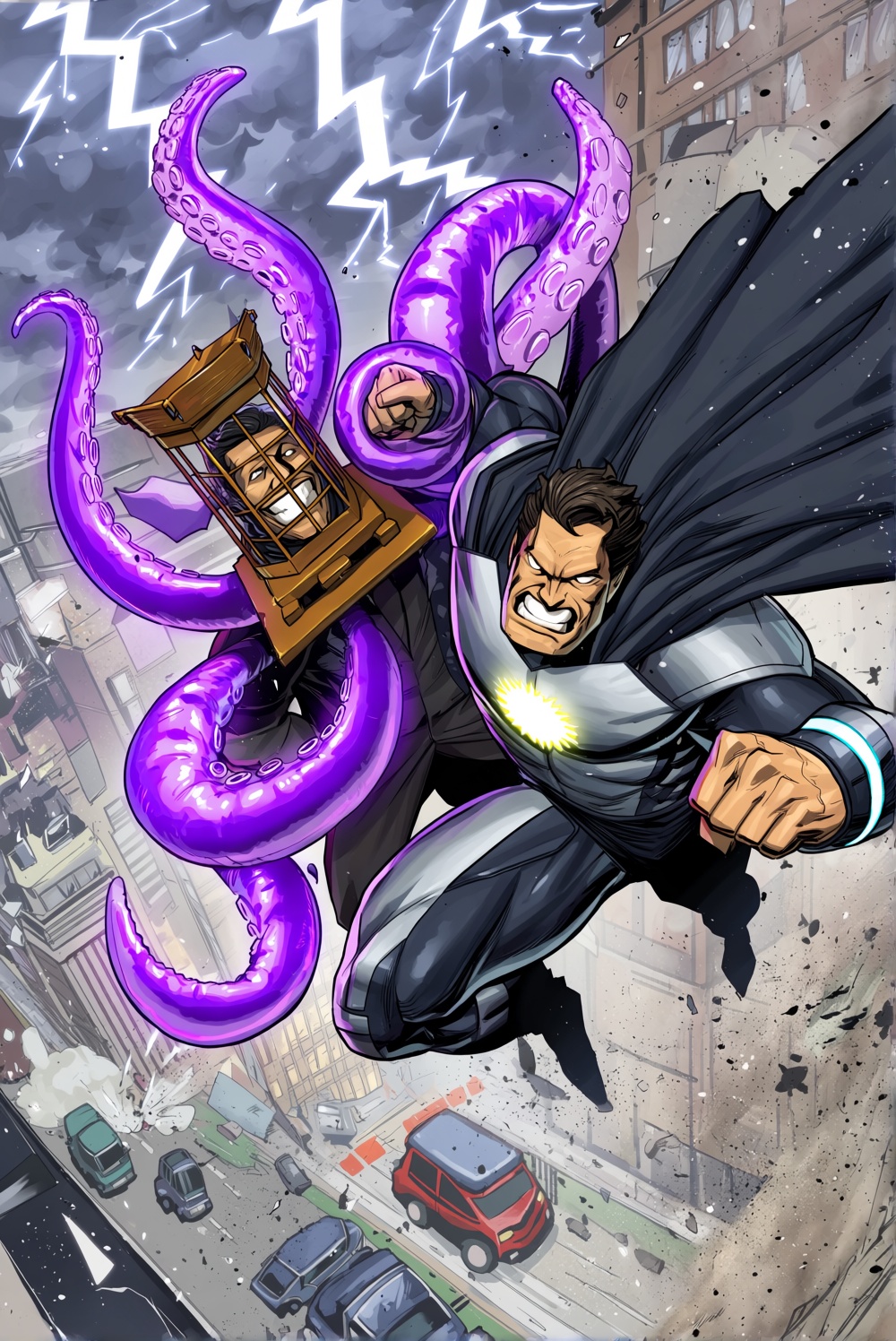@katakatafj. A dutch-angle action illustration captures a violent mid-air collision between Micolash,  a man whose head is...