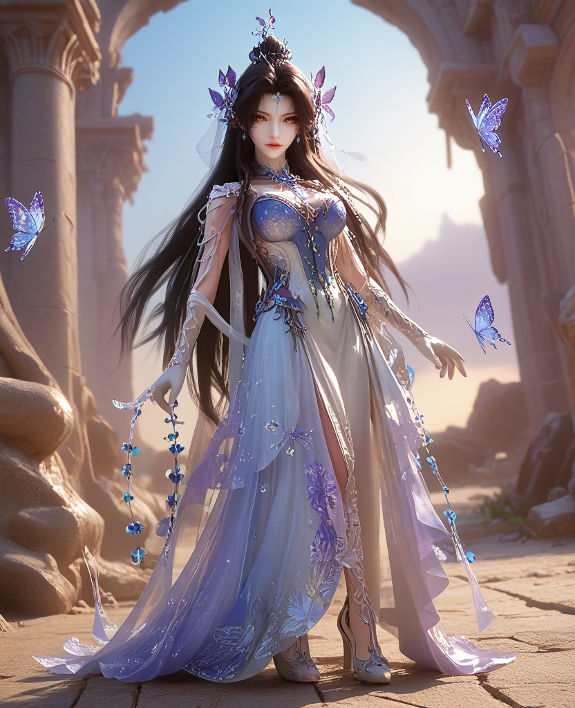 (oriental architecture, elegant decor, sophisticated style:1.1),(Standing close to a wall, one hand gently caresses its cool surface while the other trails sensuously down her spine, she emanates a captivating fusion of vulnerability and power:1.1),From above, looking straight down at the subject,(large breasts:1.2),shoes,<lora:XL16云深不知梦羲和四象归一:0.95>,miss xihe,blue-violet to white ombre gown,yellow eyes,forehead pendan,black hair,traditional chinese updo with long front strands,absurdly long hair,hair ornament,jewelry,elbow gloves,butterfly embellishments,crystal gown hemline,, score_9,score_8_up,score_7_up,score_6_up,score_5_up,score_4_up,3d rendering,tag1,tag2, Cinematic Lighting,backlighting,