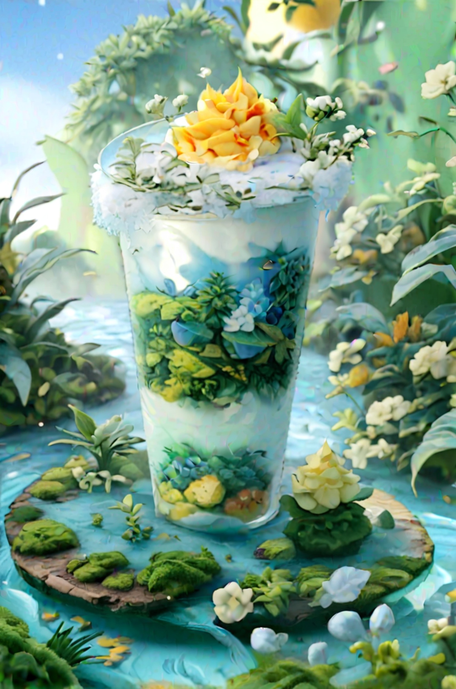 parameters: "(Masterpiece, Boutique, Boutique, Official Art, Beauty, Aesthetics:1.2),Ice and Snow Wrap Paper Cup,Water Wrap Paper Cup,Milky white transparent water,Chinese three-dimensional fruit painting,a variety of fruits,Ice  and  Snow Theme,Surrealist Fantasy Style,Cream Organic Liquid,Ray Tracing,Foreground Occlusion,Natural Light,Jungle,C4,