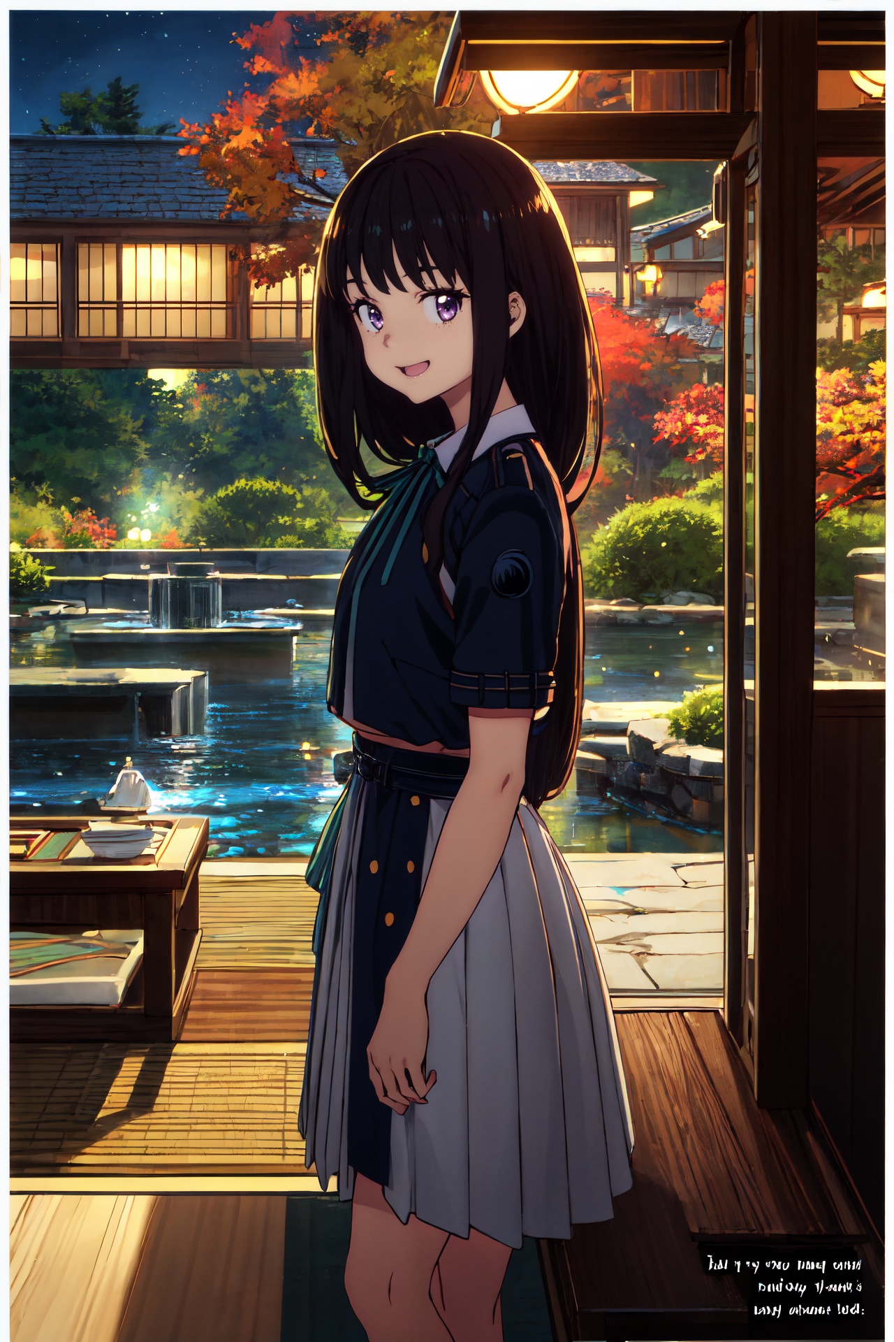 1girl,looking at viewer,solo,black hair,long hair,purple eyes,ribbon,green ribbon,neck ribbon,lycoris uniform,dress,blue dress,two-tone dress,belt,collared shirt,shirt,grey dress,white shirt,socks,black socks,loafers,brown footwear,<lora:takina>,takina_CYQL,(giggling,lying,upper_body,from_side:1.1),beautiful face,beautiful eyes,glossy skin,shiny skin,Artwork frames, Display pedestals, Museum lighting, Audio guide stations, Wall text,Japanese maples, Tea house, Stone lanterns, Koi pond, Fall foliage, Tranquil retreat,beautiful detailed sky,beautiful detailed glow,(movie poster:1.2),(border:1.3),(English text:1.4),posing in front of a colorful and dynamic background,masterpiece,best quality,beautiful and aesthetic,contrapposto,female focus,wallpaper,fashion,<lora:增强减少细节add_detail:0.4>,