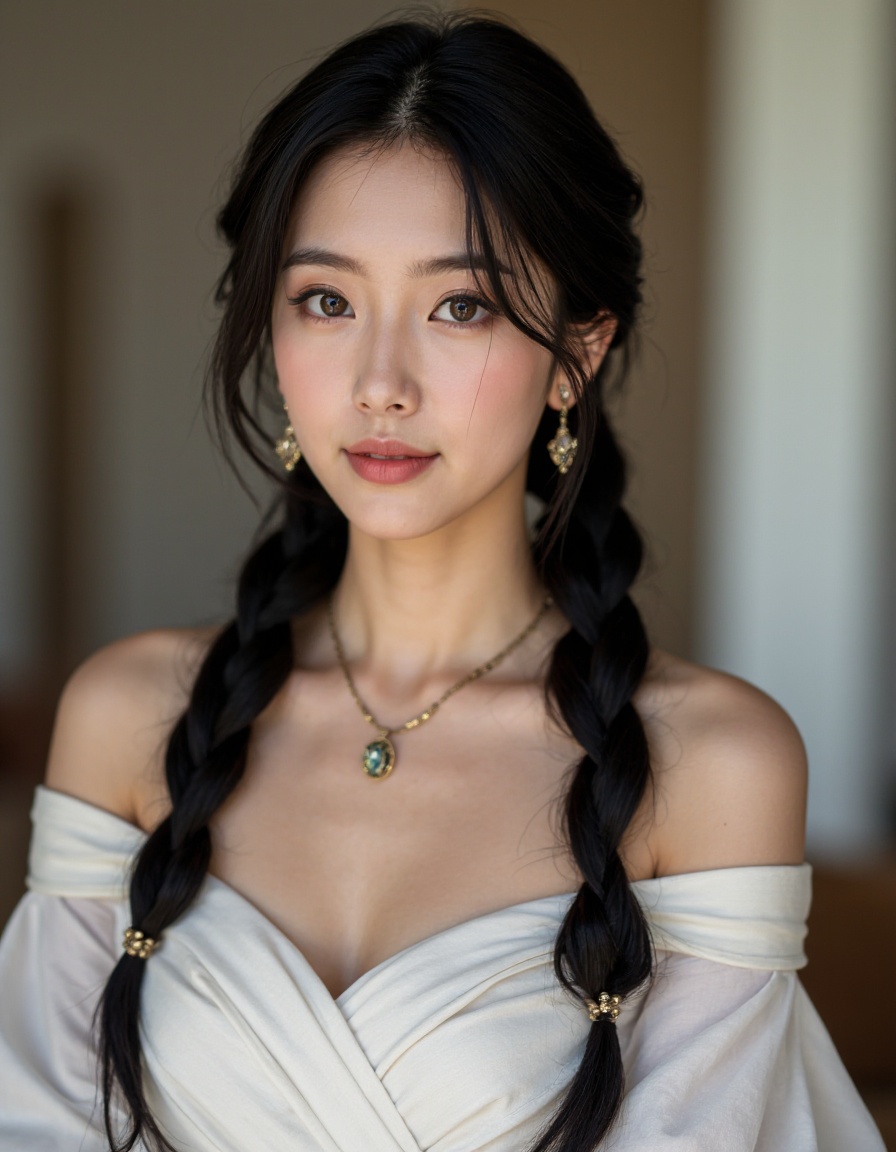 film grain, realistic, photorealistic, (best quality:1.4),(masterpiece:1.4),(photorealistic:1.4),(Realistic:1.2),(ultra high res, raw photo:1.4),(hdr, hyperdetailed:1.2),(8K:1.2),cinematic photo 1girl, solo, braid, jewelry, upper body, blurry background, bare shoulders, dress, looking at viewer, long hair, detached sleeves, earrings, white dress, blurry, twin braids, brown eyes, sash, black hair, brown hair, necklace, breasts, hair ornament, detached collar, closed mouth, realistic, medium breasts, strapless, (smirk:0.4), long sleeves, strapless dress