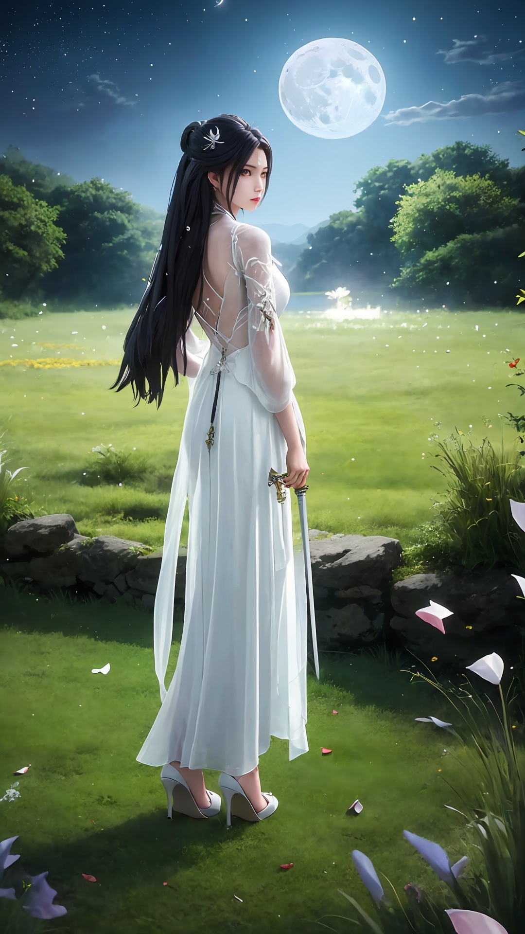 1girl,moon,weapon,dress,long hair,solo,hair ornament,black hair,white dress,petals,night,water,full moon,grass,high heels,full body,back,sword,<lora:girl solo luxueqi_20240911015355:0.7>,<lora:SD1.5泛光调节_v1.0:0.5>,
