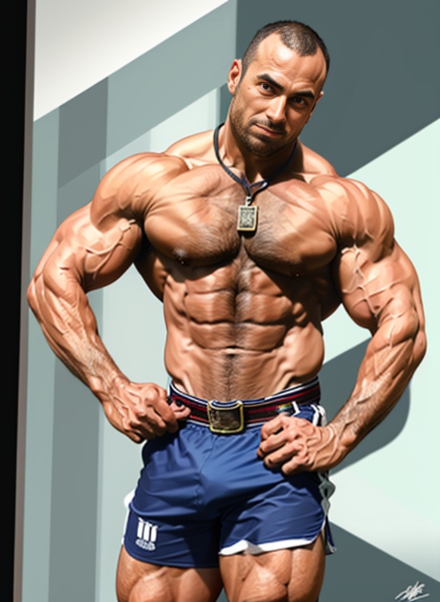 1boy, male focus, solo, bara, **** top, shorts, muscular, jewelry, sideburns, facial hair, necklace, muscular male, bandaid, arm hair, clothes around waist, short hair, stubble, dark-skinned male, leg hair, dark skin, feet out of frame, long sideburns, brown hair, sketch, pectorals, grey shorts, signature, hands on hips, speech bubble, <lora:SD1.5_BO.Man1.0:0.8>