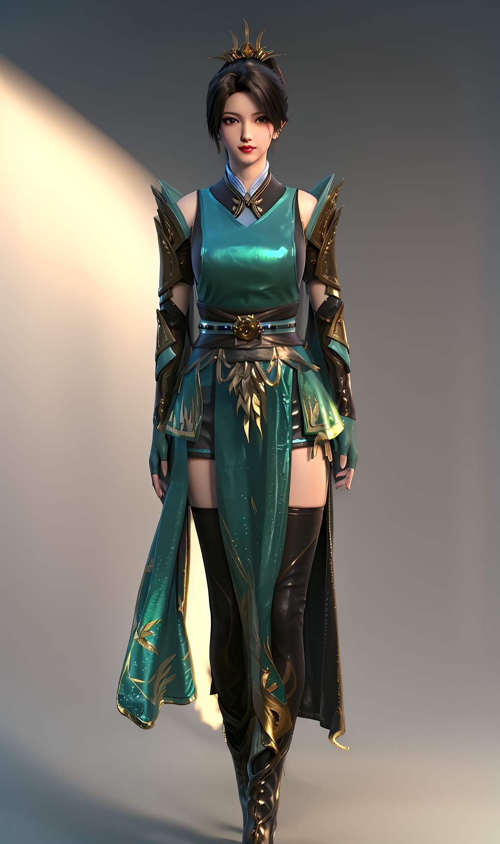 3D,masterpiece,(best quality),(makeup),official art, extremely detailed cg 8k wallpaper,((crystalstexture skin)), (extremely delicate and beautiful),(highly detailed),(face),(ponytail),(tiara),(gold_trim),(collar),(1girl), (solo), (jewelry), (earrings),(black_hair),(long_hair),(hair_ornament),(handwear),(wristband),(breast),(gloves),((standing)),((full_body,whole_body)),(dress),(long_skirt),(shorts_under_skirt),(chinese_clothes),(multicolored_clothes),(multicolored_dress),(thighhighs),(shiny_clothes),(arm_guards),(long_legs),(sash),(armored_dress),(capelet),(long_legs),(closed_mouth),,((looking_at_viewer)),((Facing the camera)),(boots),, <lora:hipoly3DModelLora_v10:0.3> 