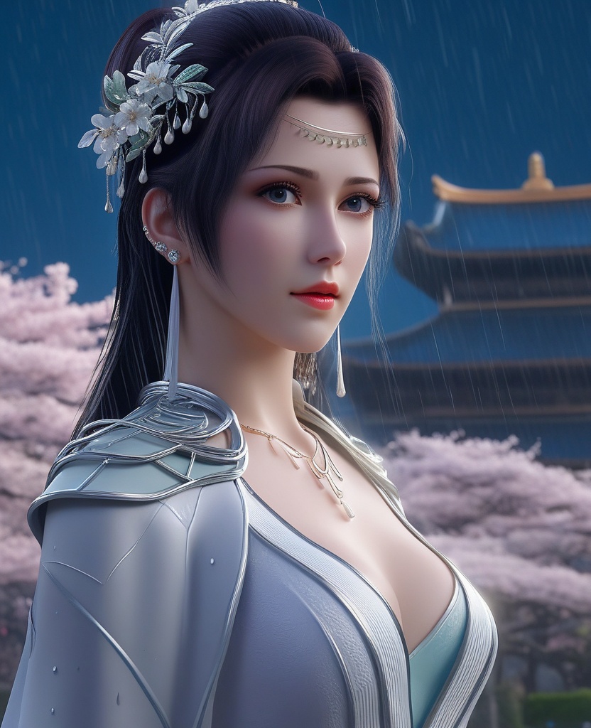 <lora:576-DA-XL-斗破苍穹-云韵-白服:0.8>(,1girl, ,best quality, ),looking at viewer, ,ultra detailed 8k cg, ultra detailed background,  ultra realistic 8k cg,          cinematic lighting, cinematic bloom, (( , )),,  , unreal, science fiction,  luxury, jewelry, diamond, pearl, gem, sapphire, ruby, emerald, intricate detail, delicate pattern, charming, alluring, seductive, erotic, enchanting, hair ornament, necklace, earrings, bracelet, armlet,halo,masterpiece, (( , )),,  ,cherry blossoms,(((, night,night sky,,  ultra high res, (photorealistic:1.4), raw photo, 1girl, , rain, sweat, ,wet, )))(( , ))   (cleavage), (),