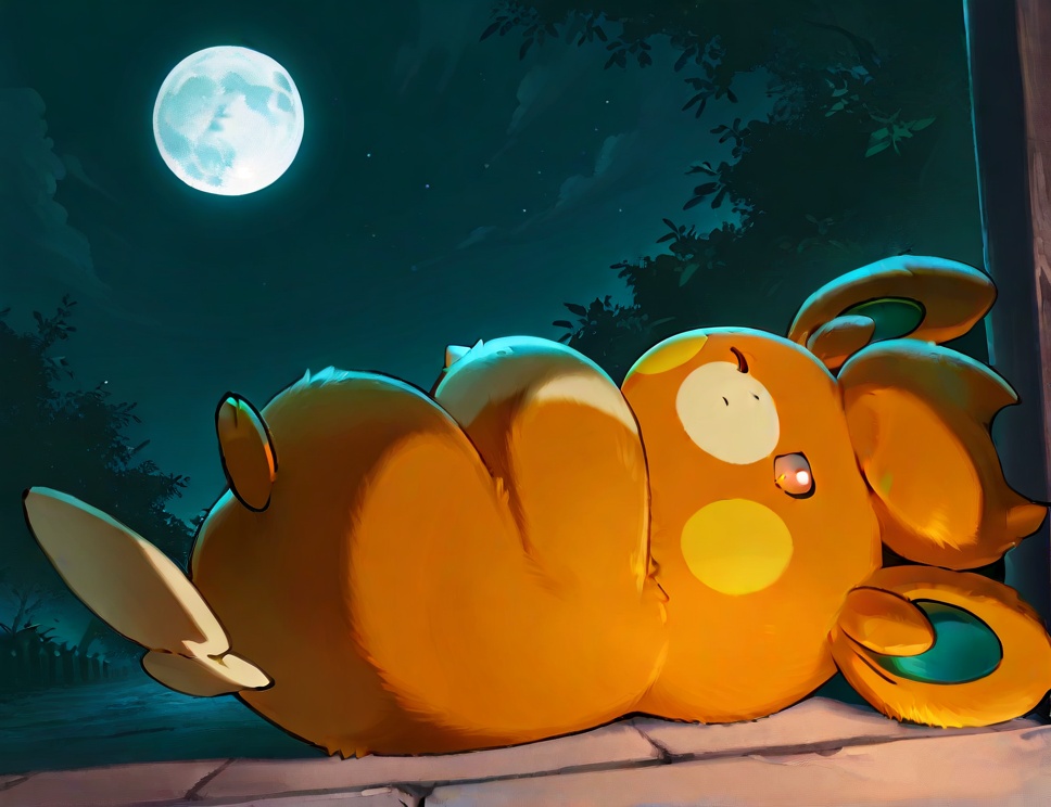 Masterpiece,high quality,full body,pokemon \(creature)\,solo,no humans,pawmi,no humans,pokemon \(creature\),solo,outdoors,brown eyes,sleeping,on back,back,orange fur,<lora:pawmi proXL:1>,night,moon,score_9,score_8_up,score_7_up,score_6_up,
